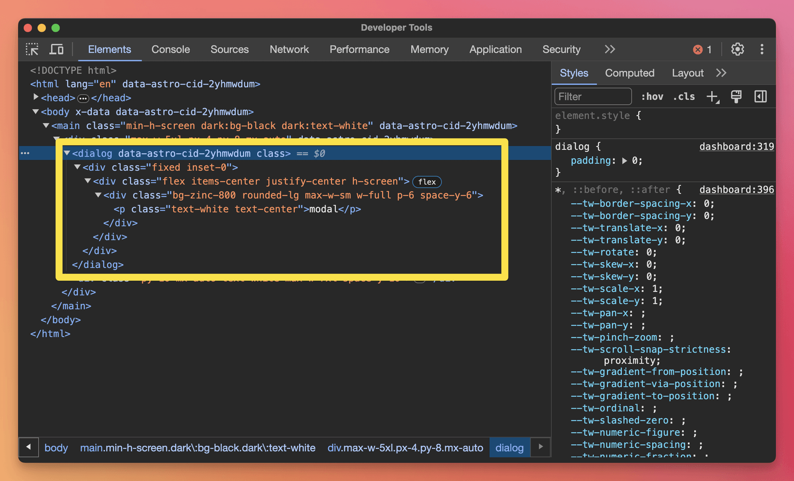 The DevTools Elements panel showing the modal HTML inserted inside the dialog element