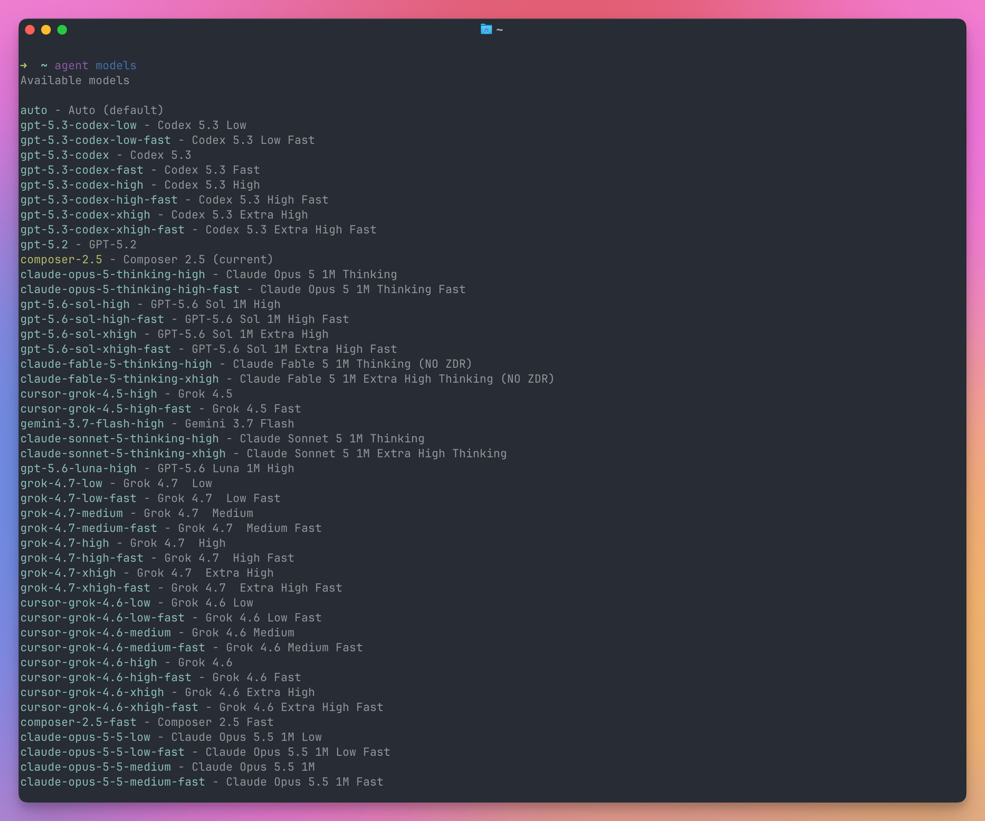 The output of agent models in the terminal, listing model names like gpt-5.6-sol-high, grok-4.7-medium and claude-opus-5-5-medium, each followed by its display name