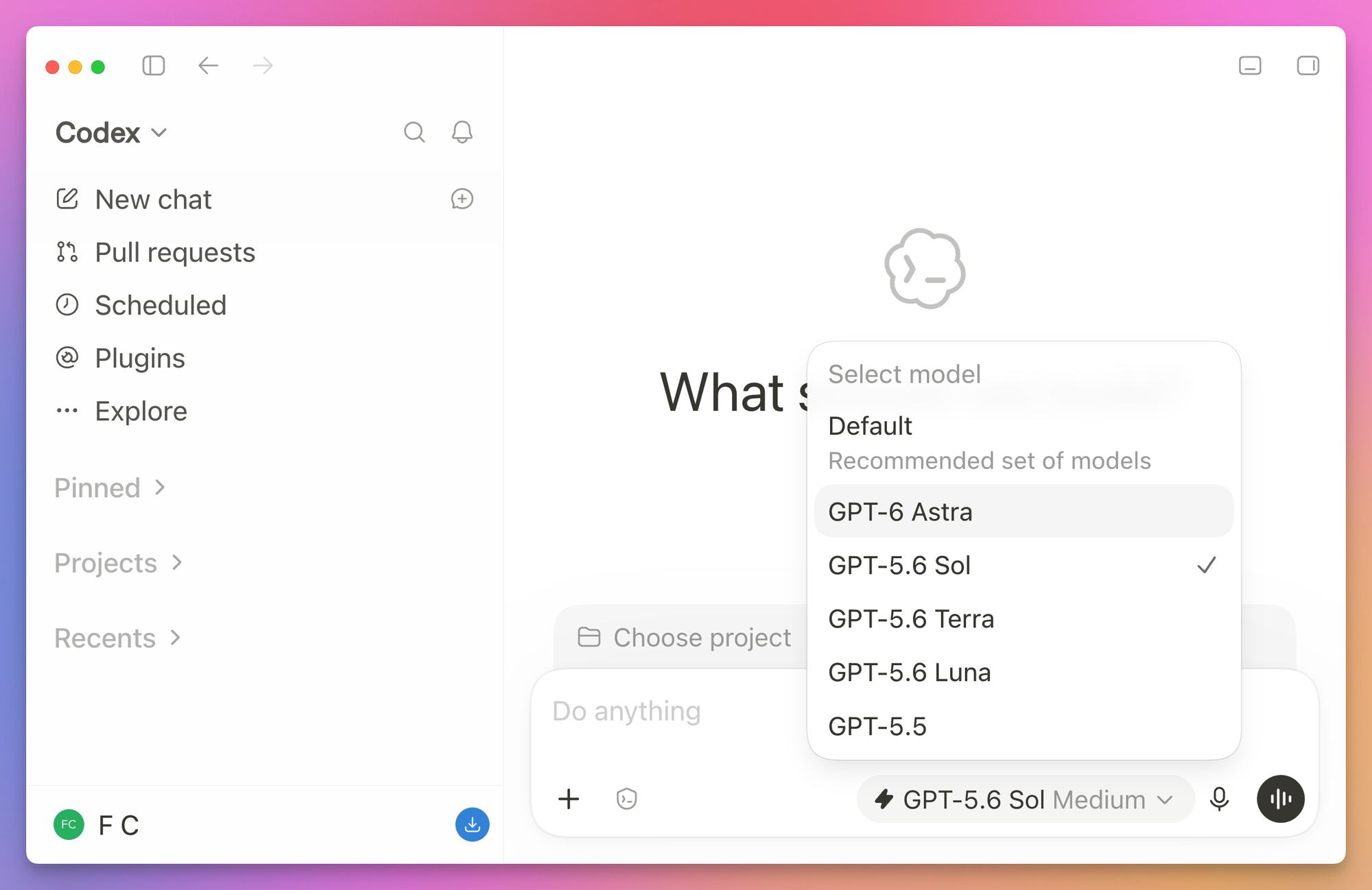 The model picker in the Codex desktop app, listing Default, GPT-6 Astra, GPT-5.6 Sol, GPT-5.6 Terra, GPT-5.6 Luna and GPT-5.5