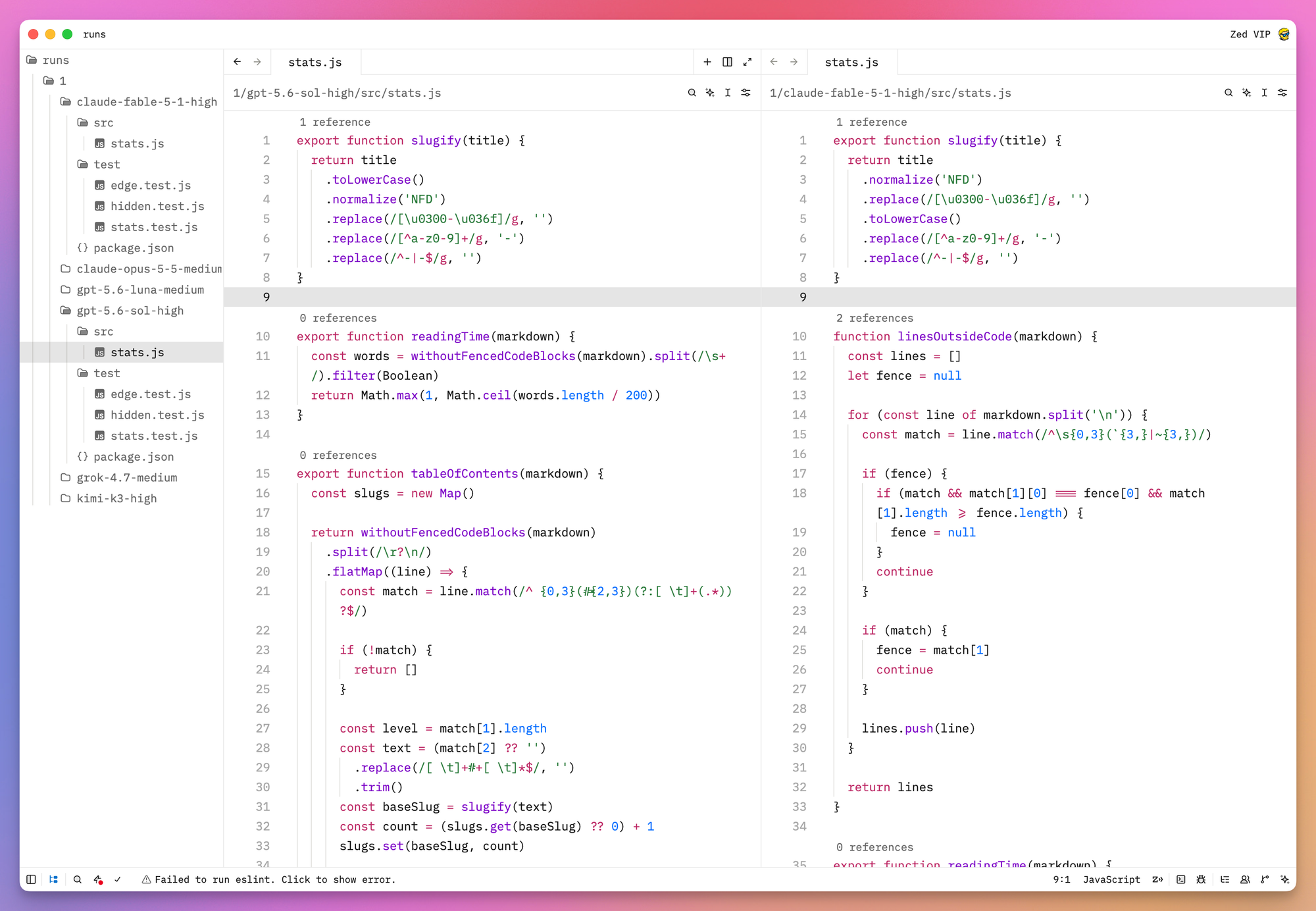 The runs folder open in Zed, with GPT-5.6 Sol's stats.js on the left and Claude Fable 5.1's stats.js on the right, showing two different ways to skip fenced code blocks