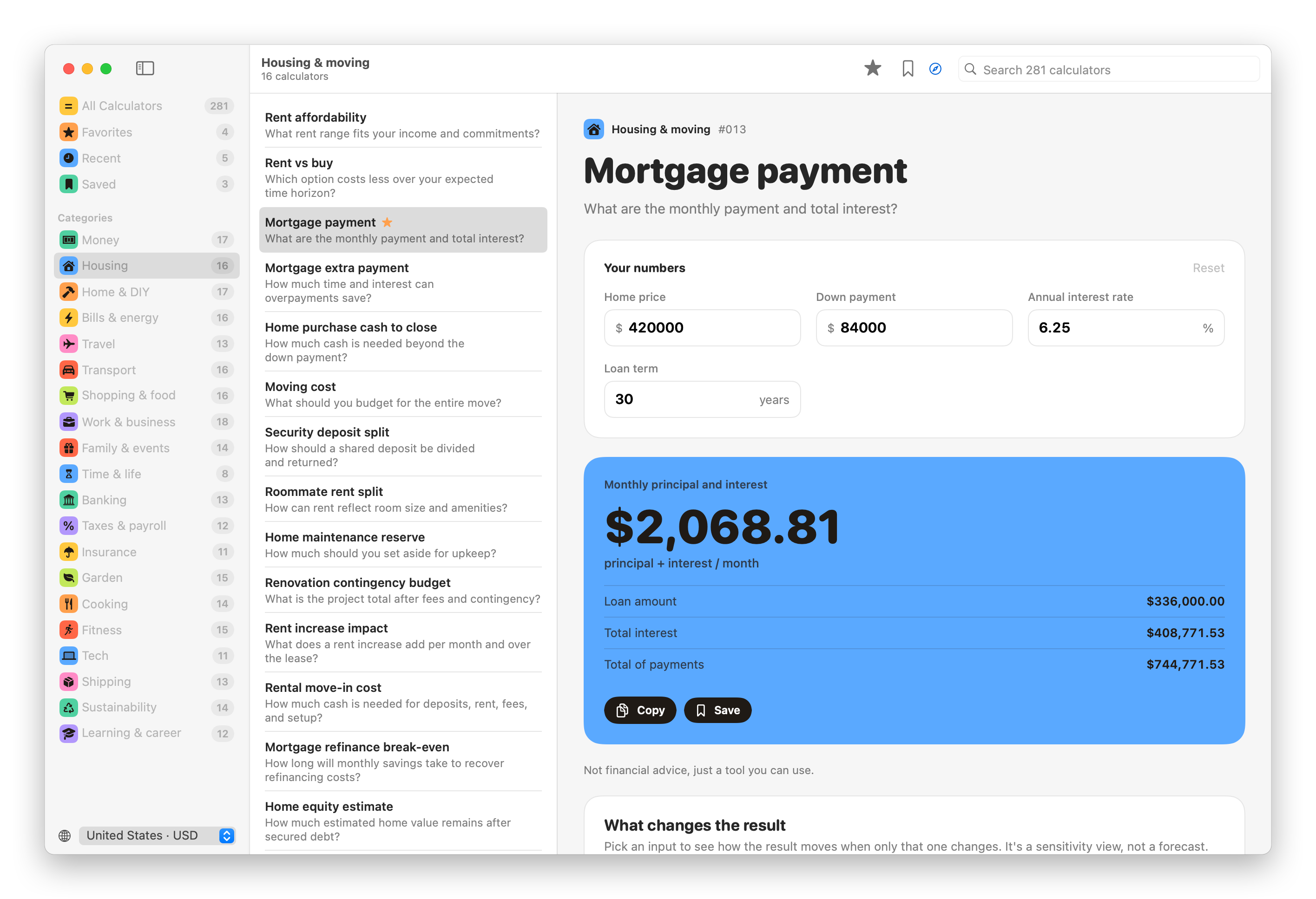 The Calculum window with the mortgage payment calculator open