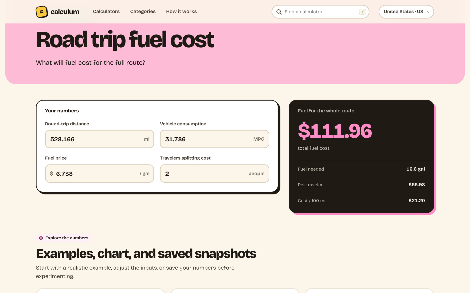The Calculum road trip fuel cost calculator, with the inputs on the left and the total fuel cost on the right