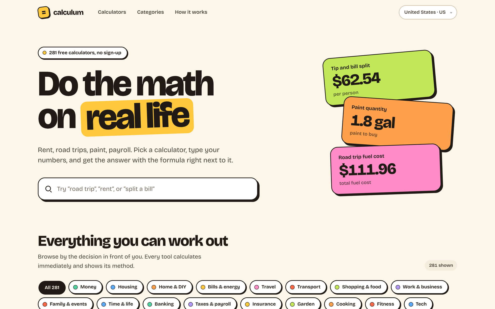 The Calculum homepage, with the search box, three example results and the category filters