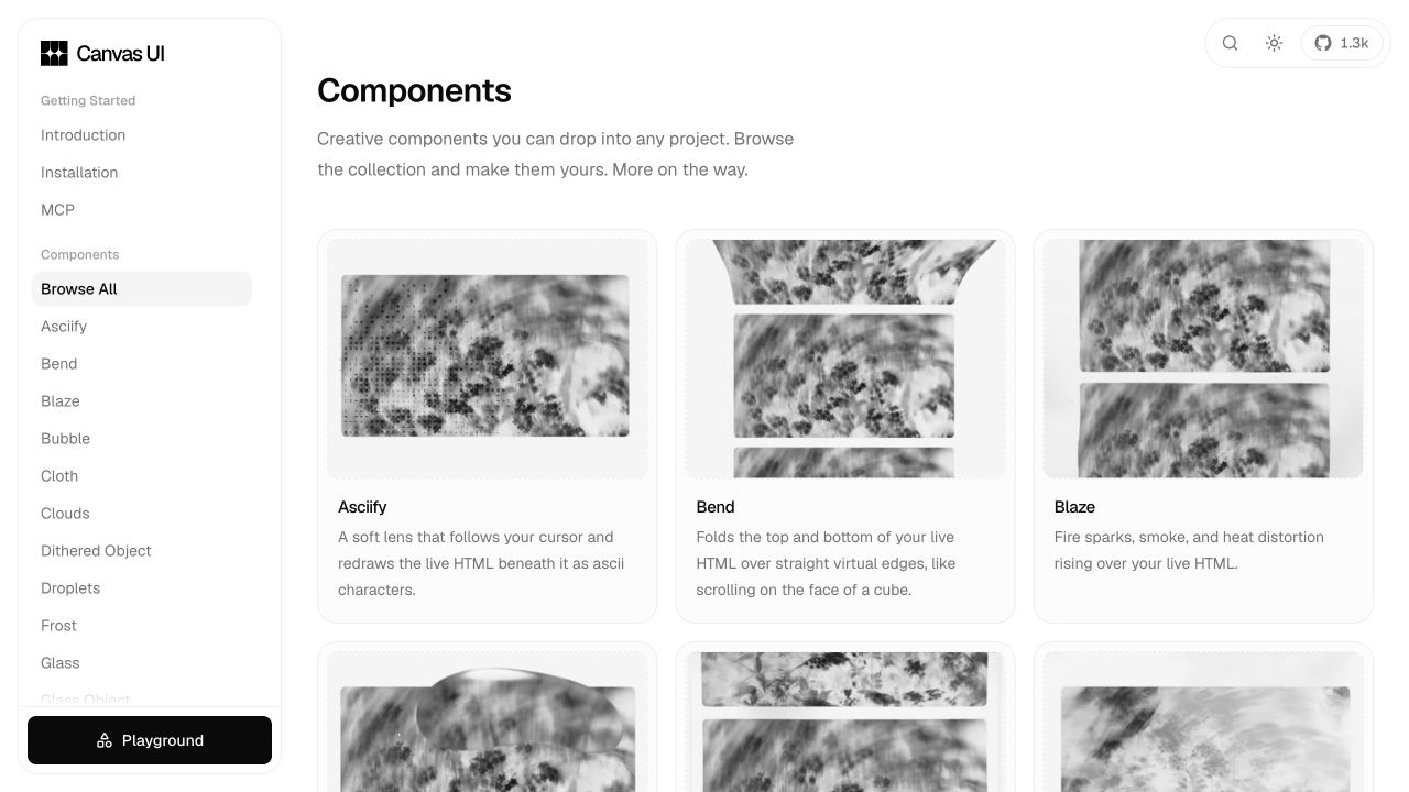 The Canvas UI component gallery showing Asciify, Bend, Blaze, Bubble, Clouds, and other visual effects