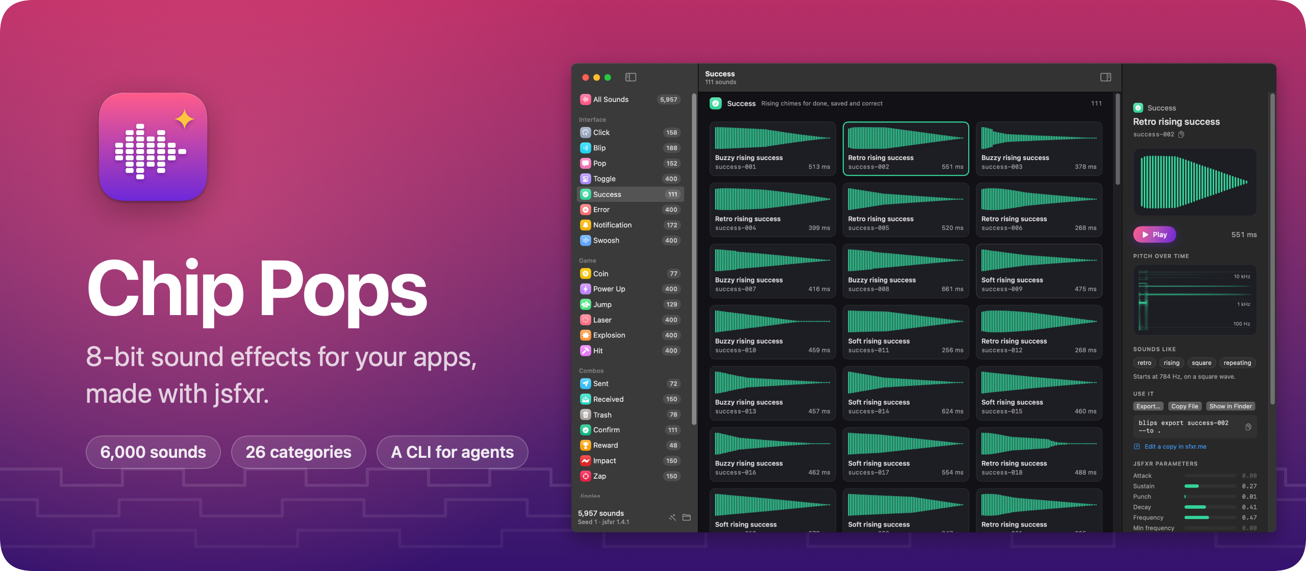 Chip Pops, 8-bit sound effects for your apps, made with jsfxr