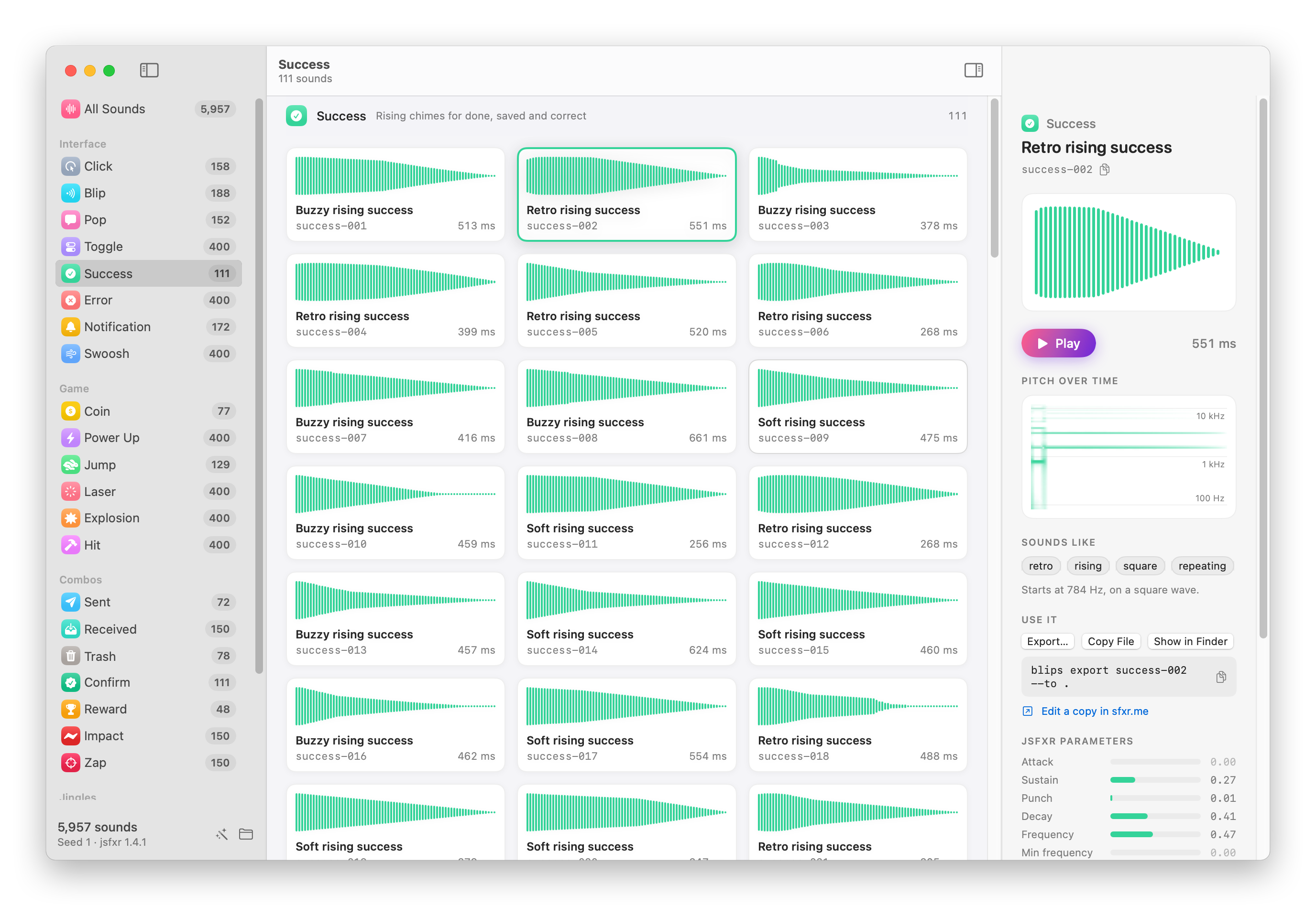 The Chip Pops window with the categories in the sidebar, the success sounds as a grid of waveforms, and the selected sound in the inspector with its pitch over time