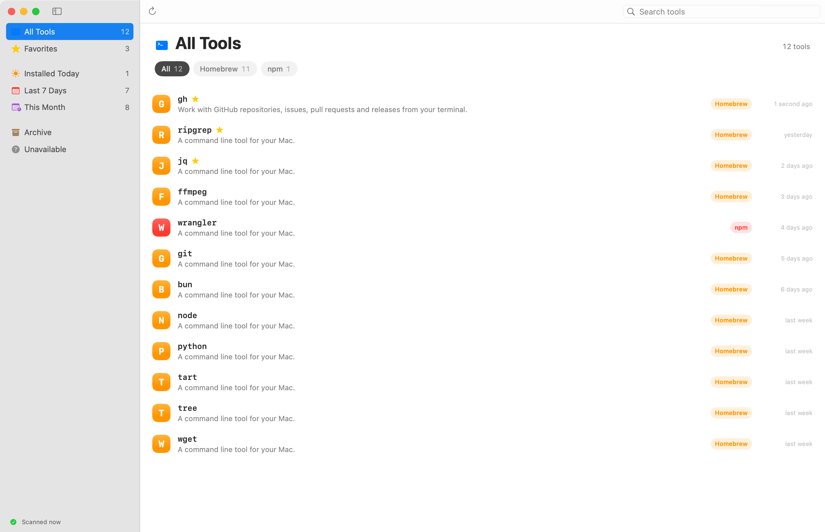 The CLI Tools Cabinet app showing every tool found on my Mac