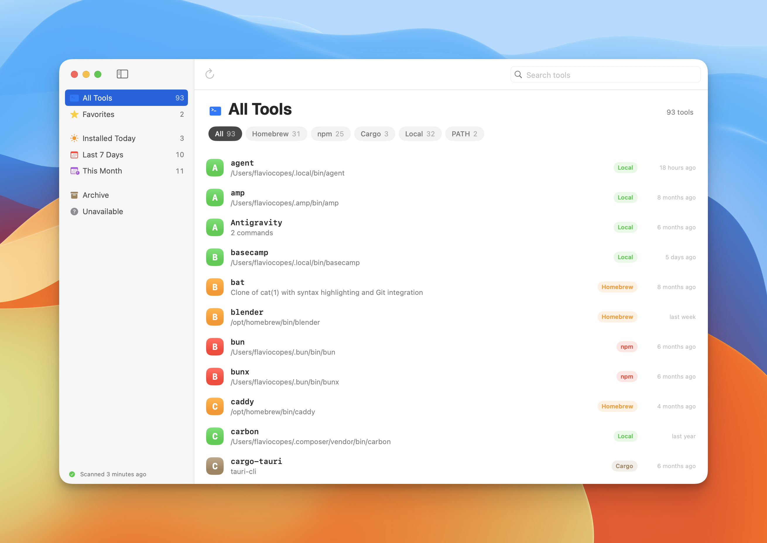 The CLI Tools app showing every tool found on my Mac