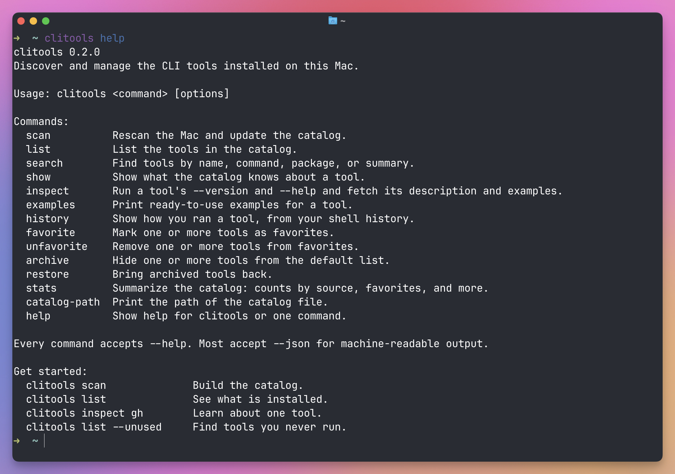 The clitools help output listing every command