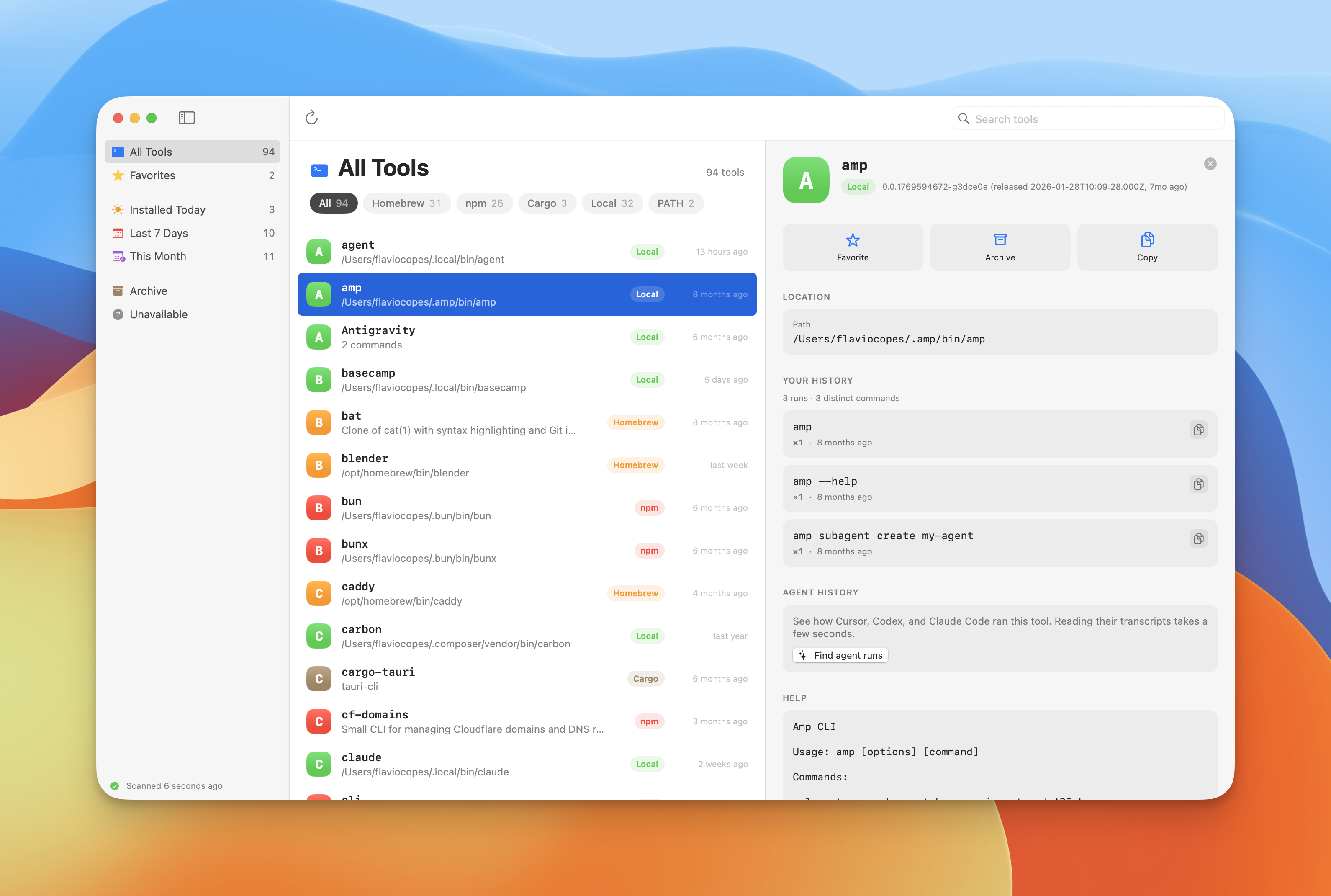 The amp tool detail, with my shell history and agent history