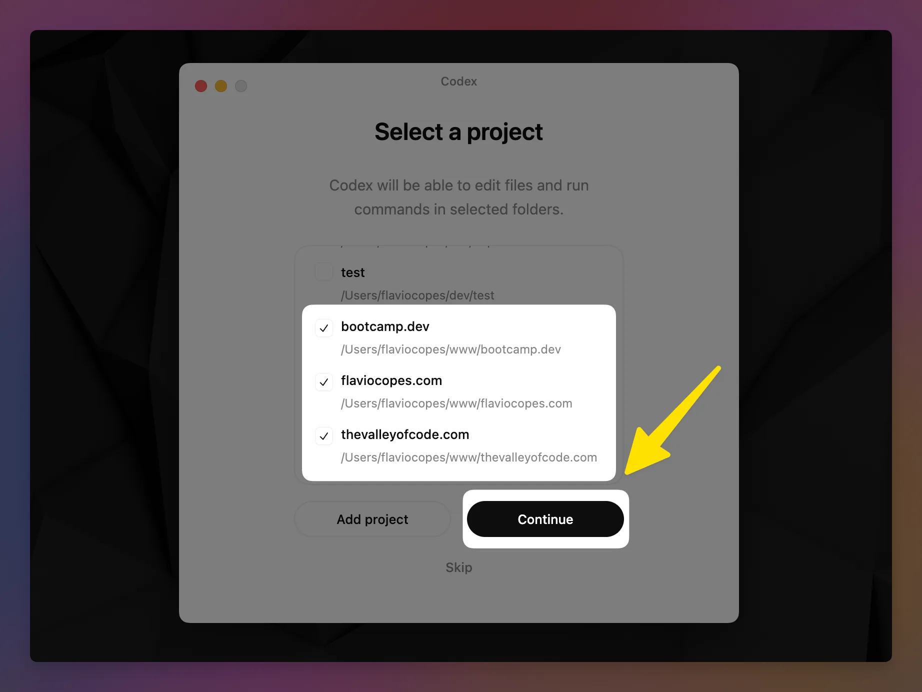 Selecting a project folder in the Codex desktop app