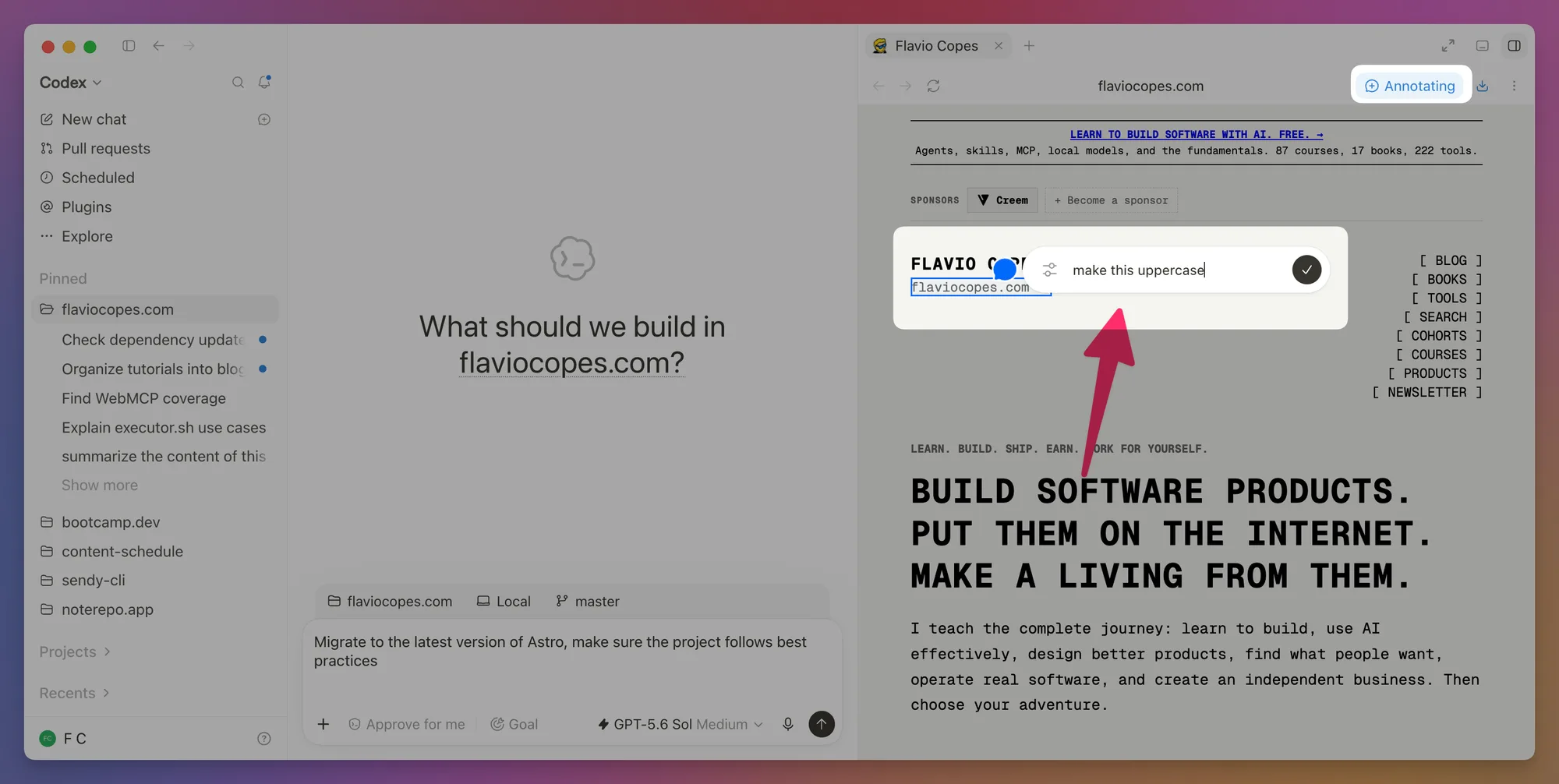 Annotating a local web page in the Codex browser