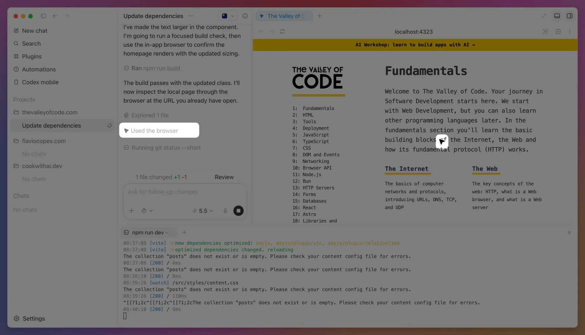 Codex verifying the change in the built-in browser