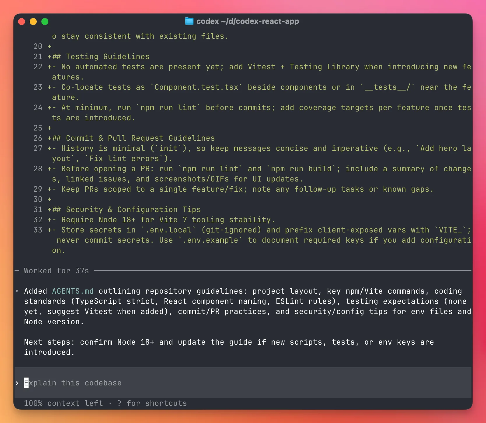 An AGENTS.md file generated from the Codex CLI