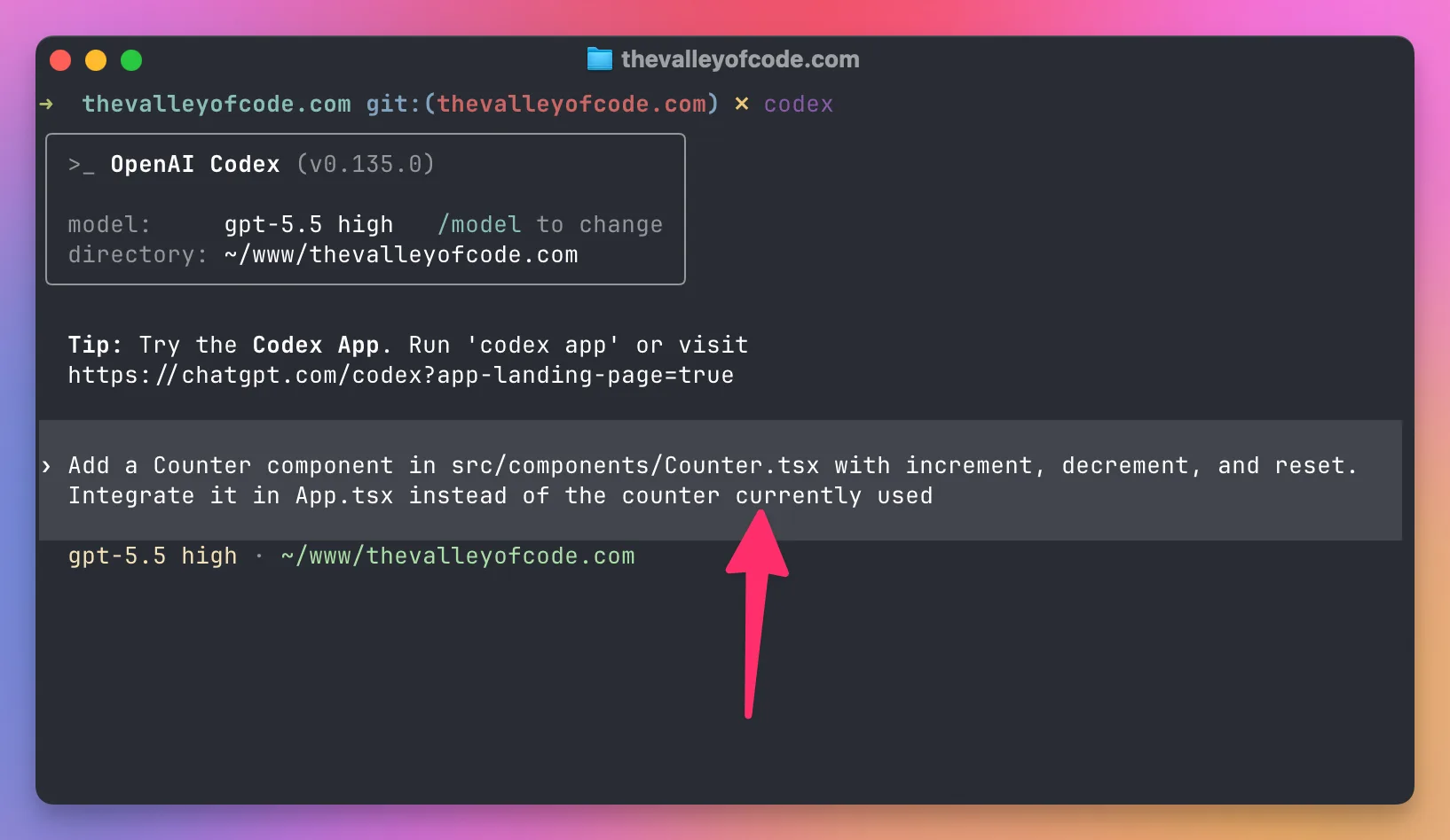 Asking the Codex CLI to add a Counter component
