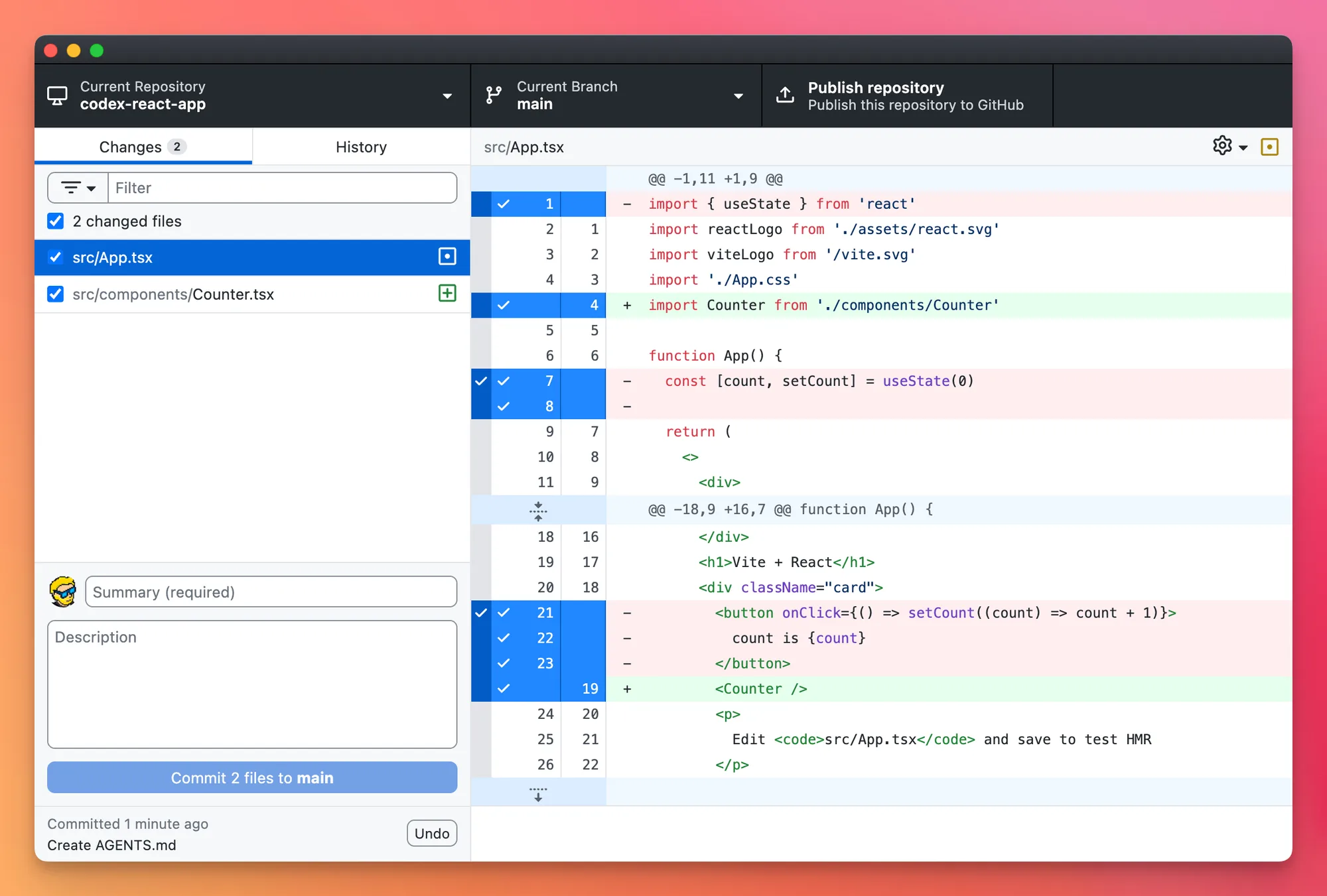 The Counter component completed by the Codex CLI