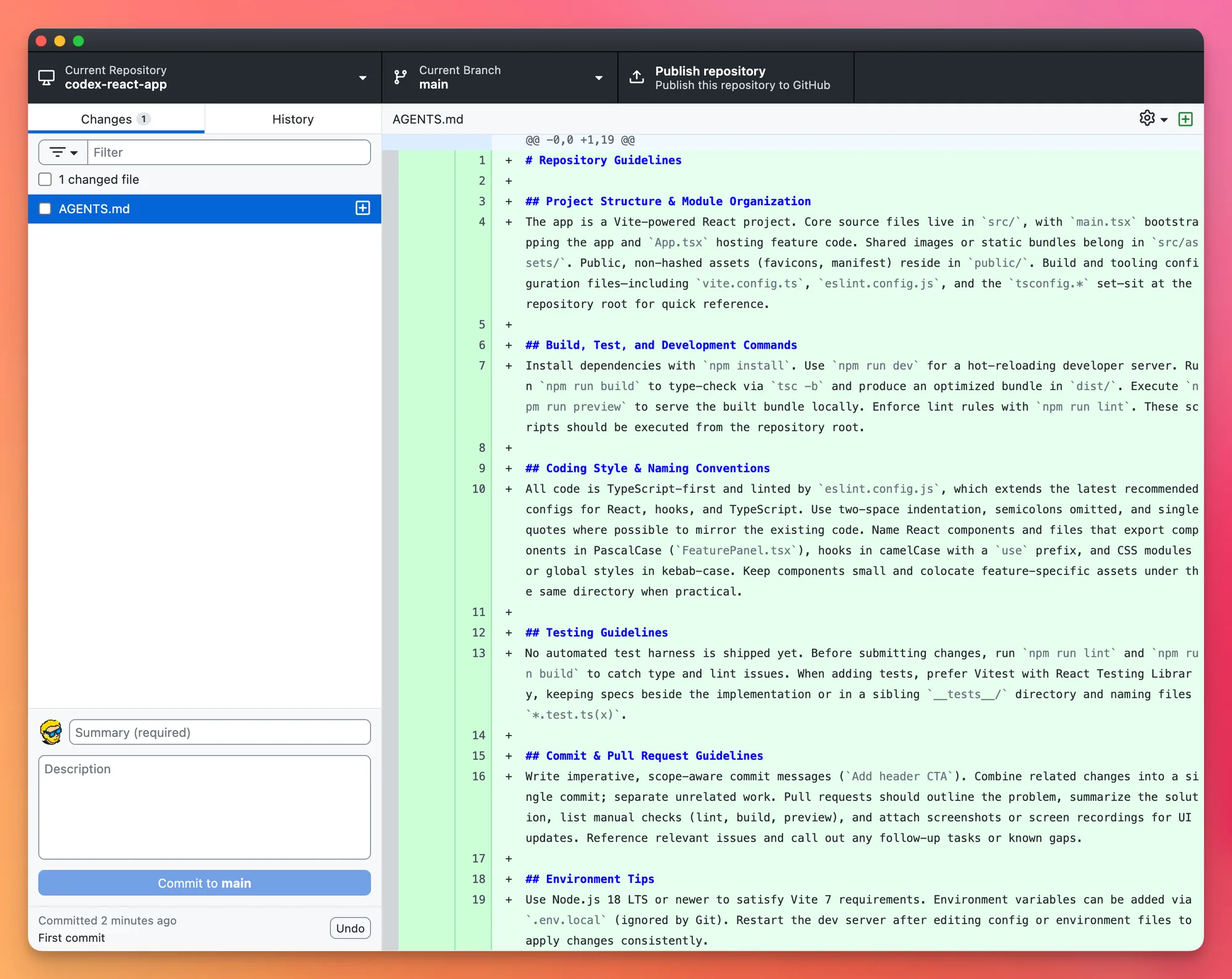 Reviewing Codex CLI changes in GitHub Desktop