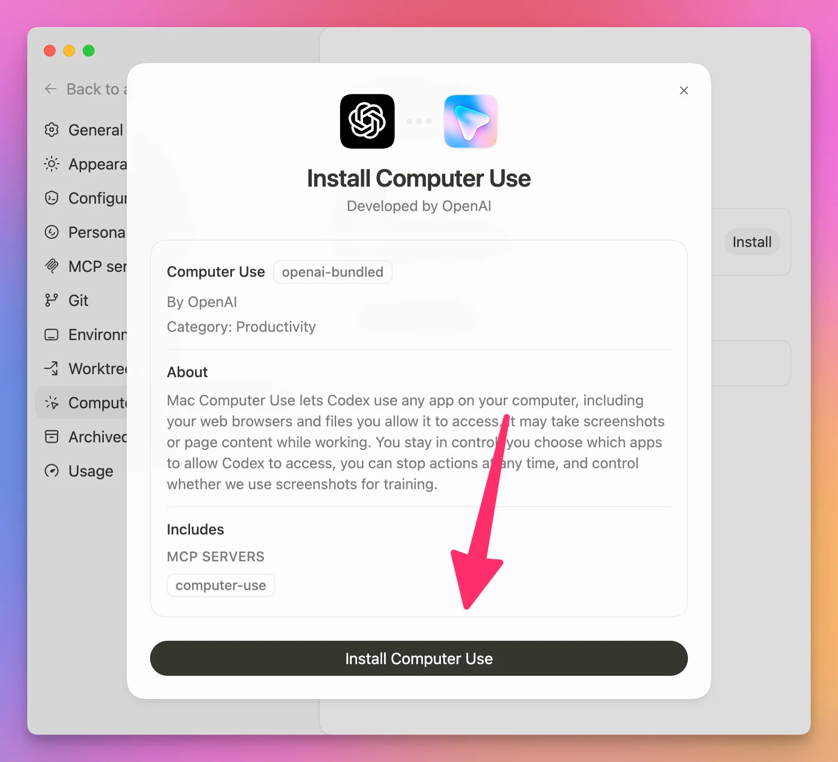 Installing the Computer Use plugin in Codex