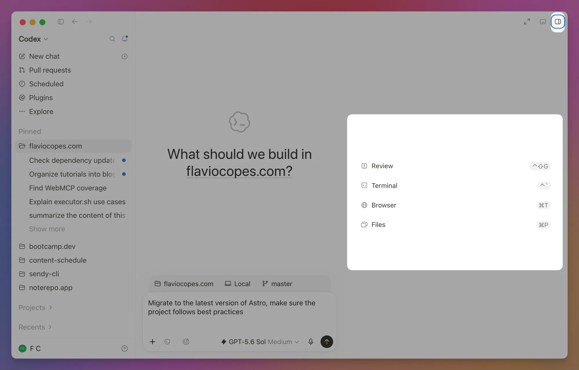 Opening the panel menu in Codex
