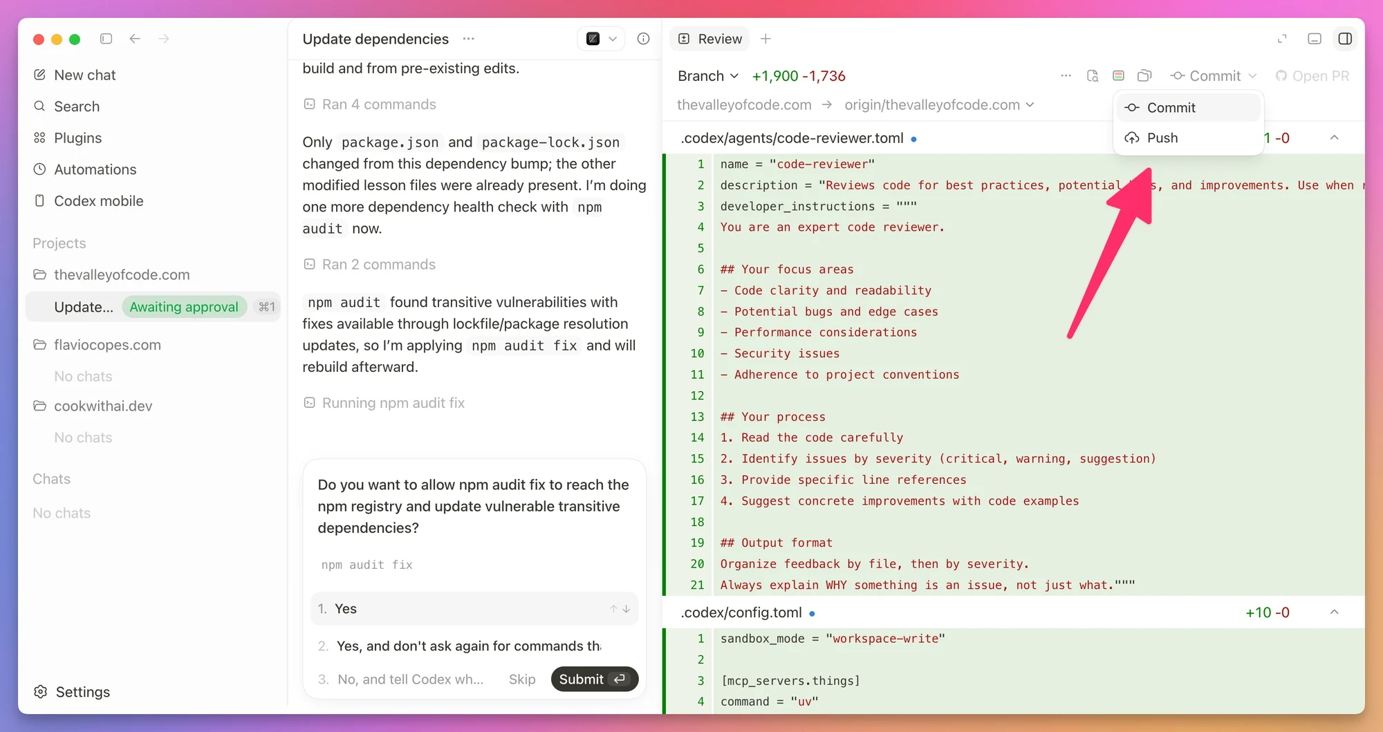 Git actions in the Codex review panel
