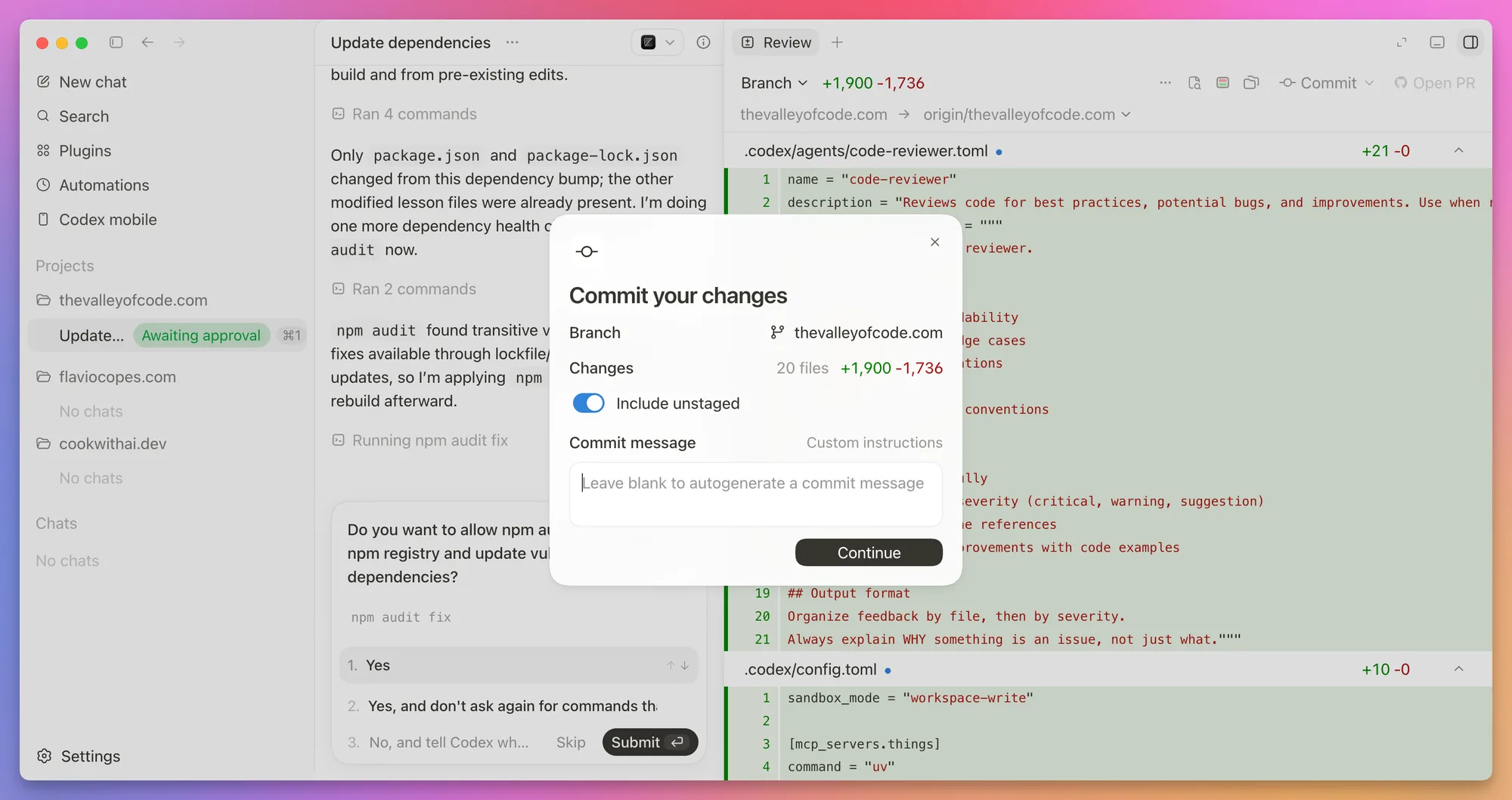 Writing a Git commit from the Codex review panel