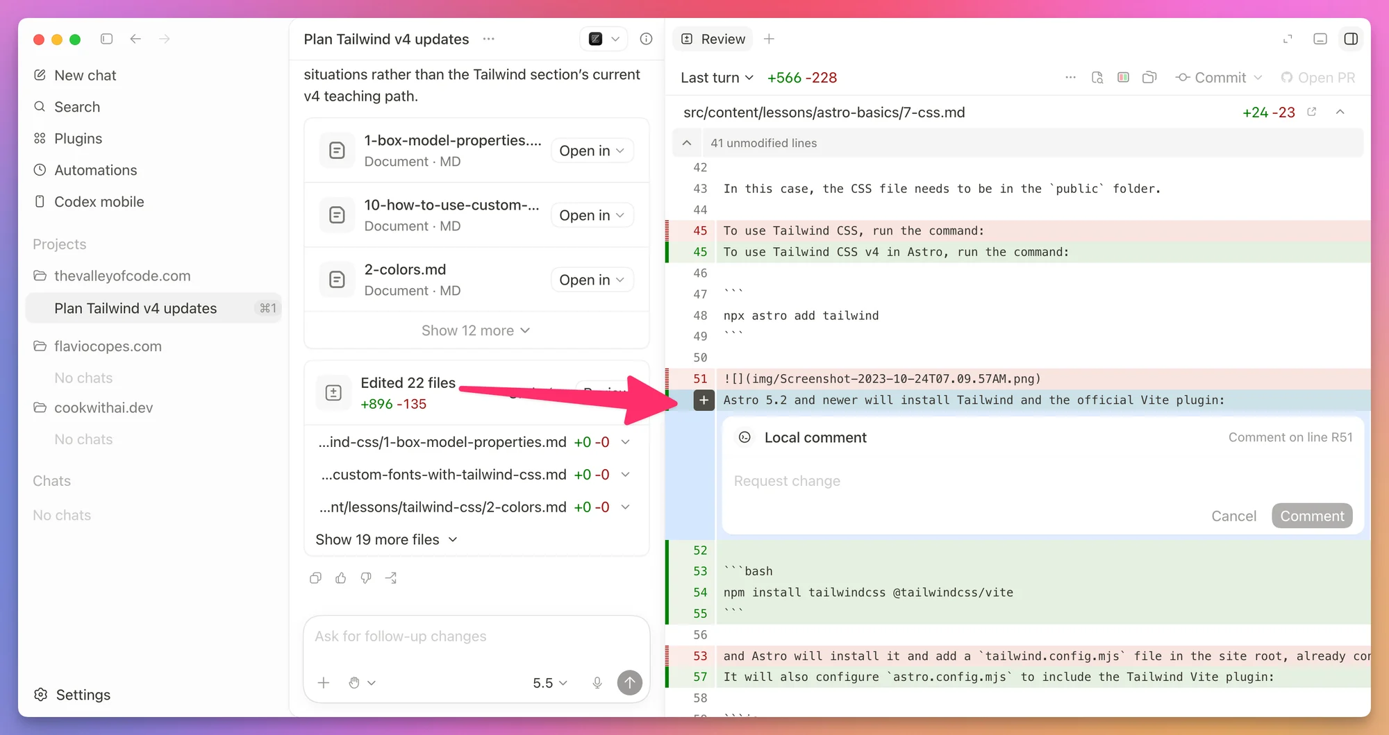 Leaving feedback on a specific line in the Codex diff