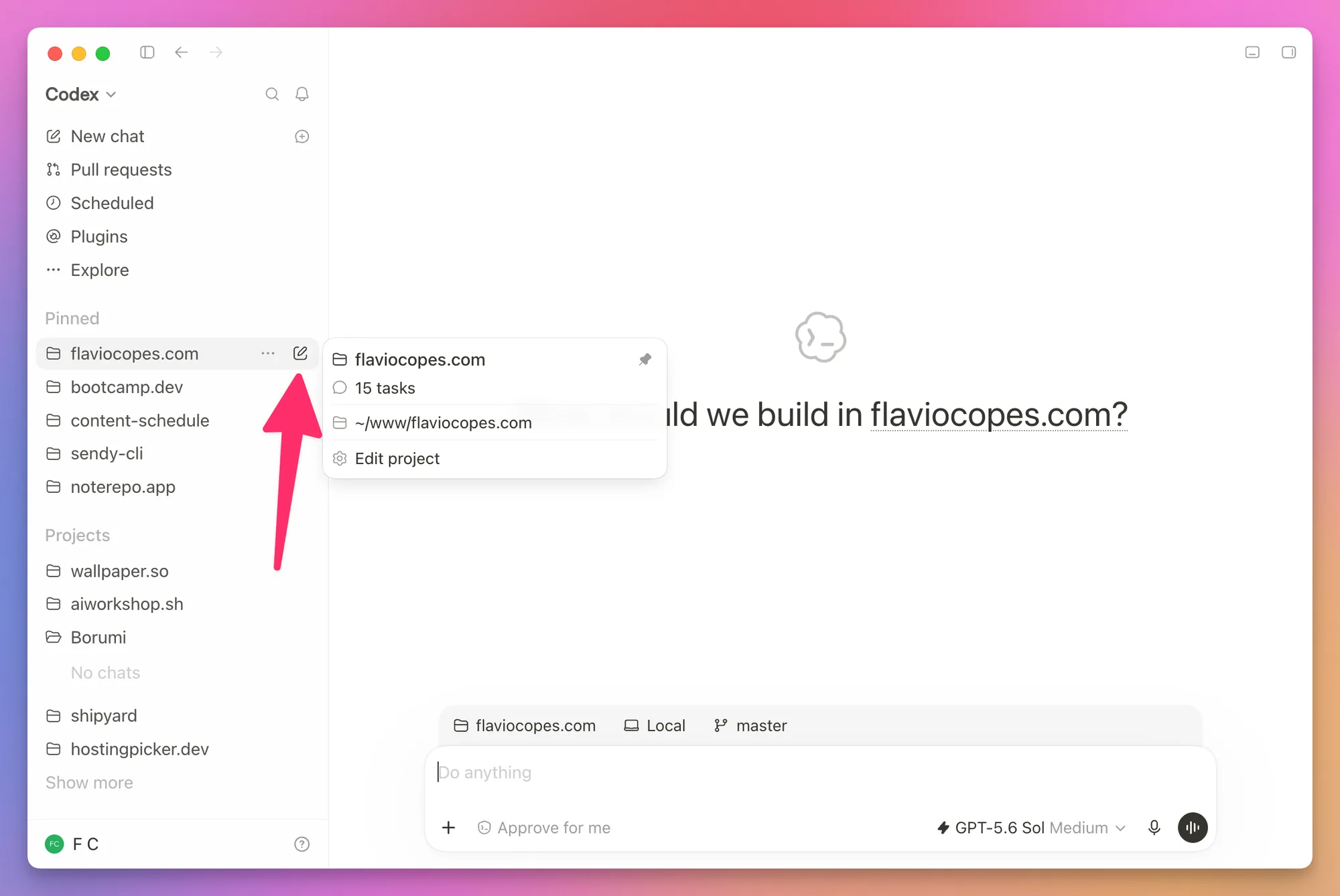 Starting a new chat from a Codex project