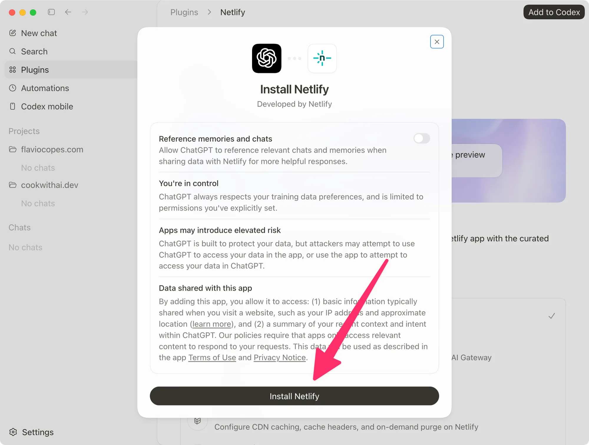 The permissions dialog shown before installing the Netlify plugin
