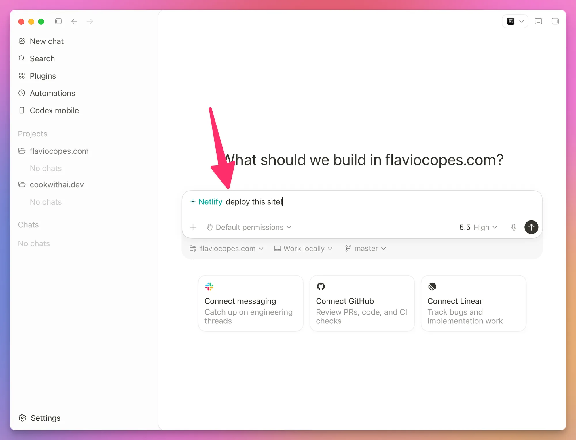Mentioning the Netlify plugin in a Codex prompt