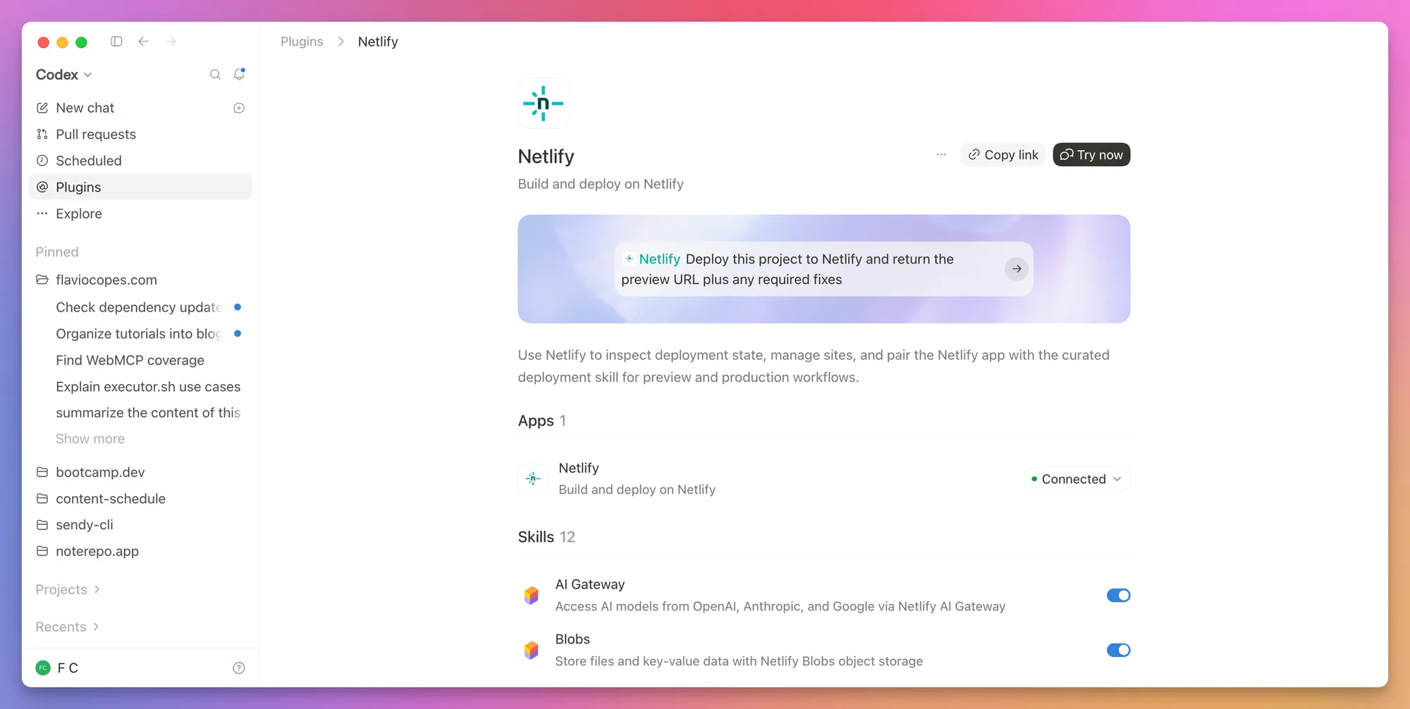 An installed plugin in the Codex desktop app