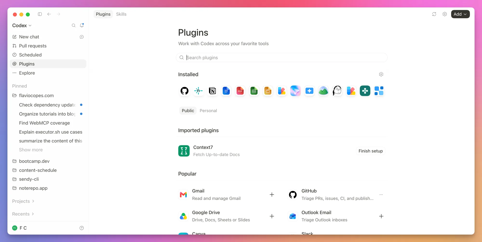 Browsing available Codex plugins