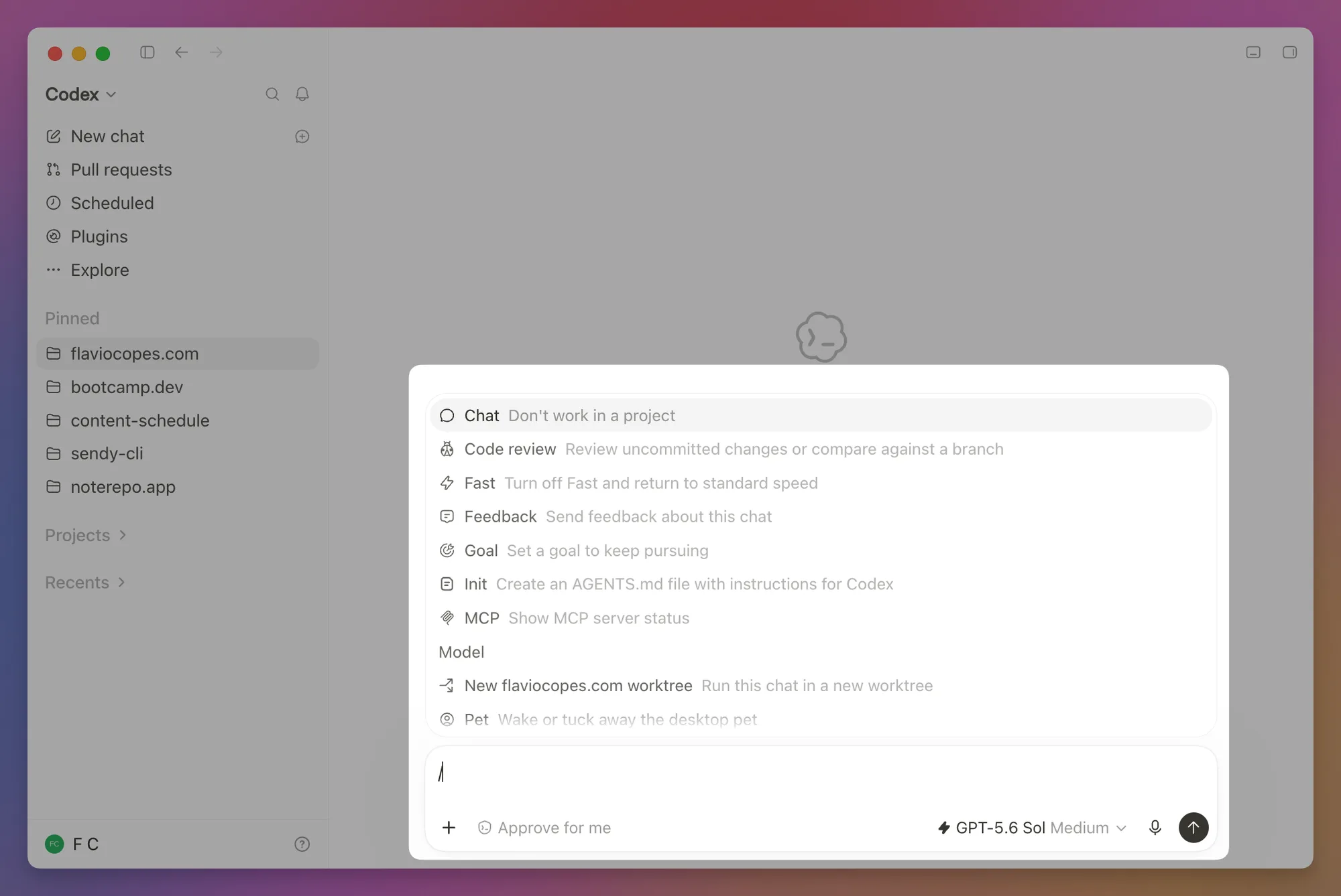 Opening slash commands in the Codex prompt panel
