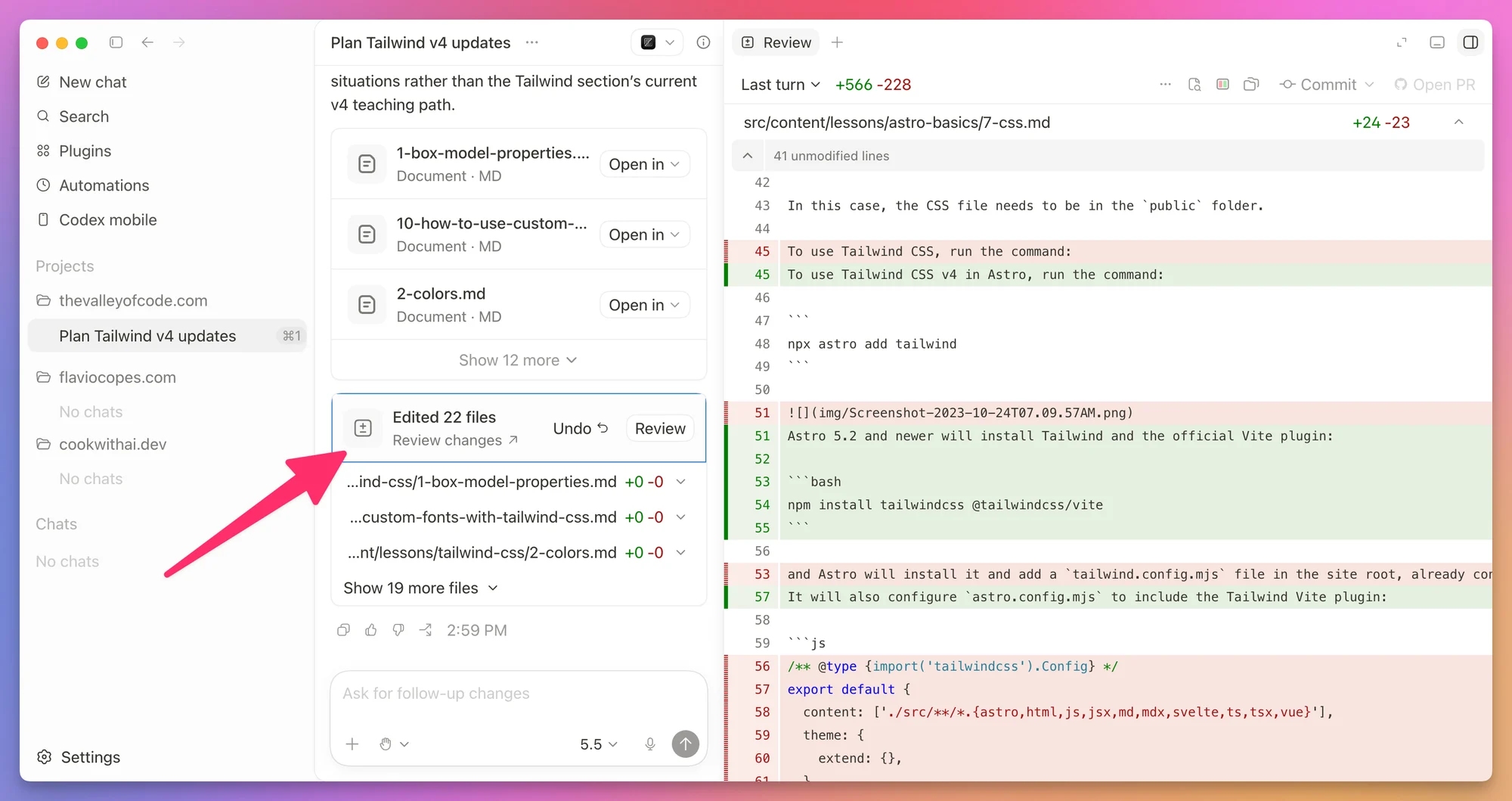 The Codex review panel showing a multi-file diff