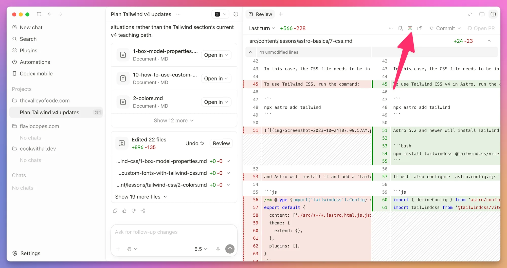 Reviewing a change in the split diff view