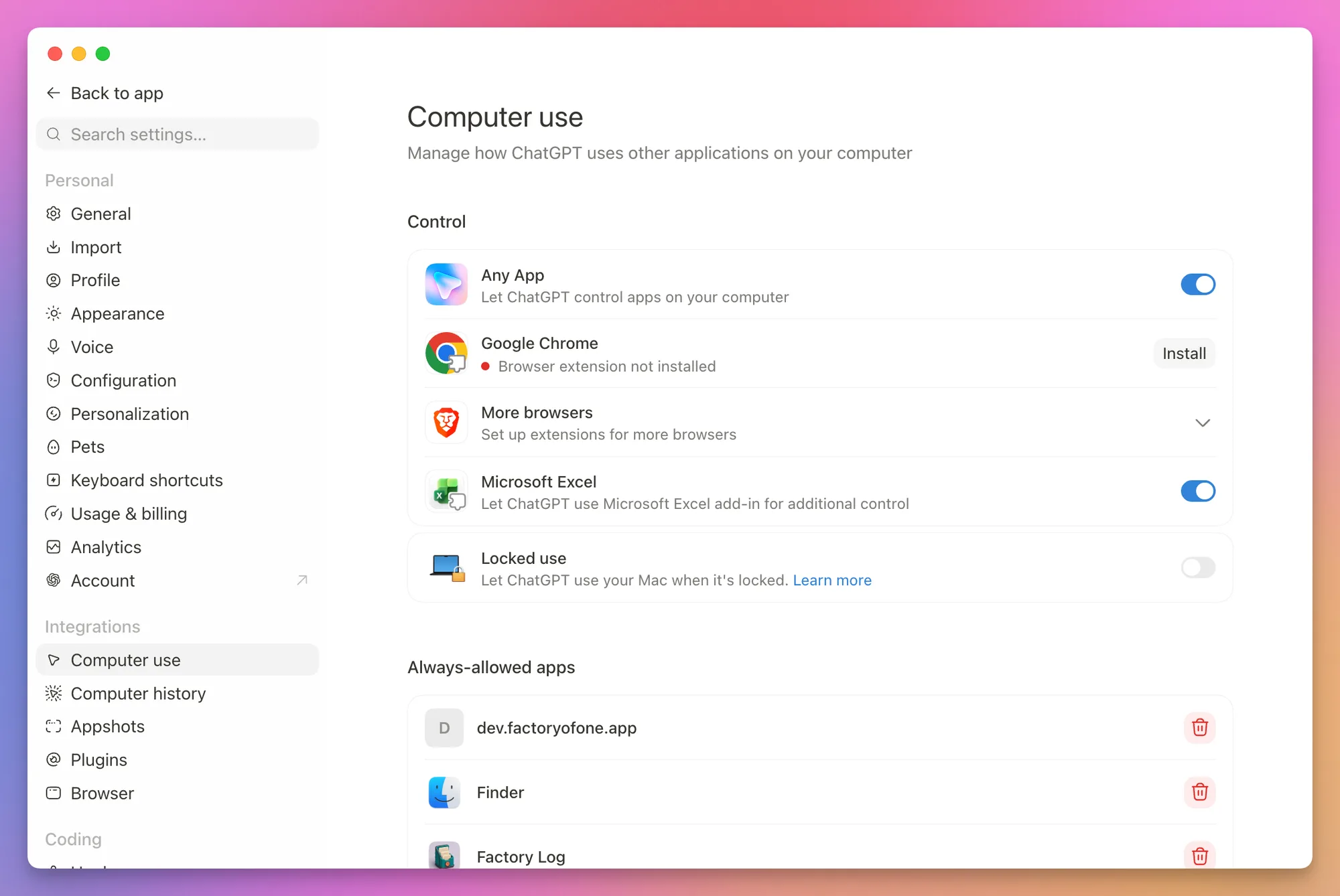 Computer Use settings in Codex