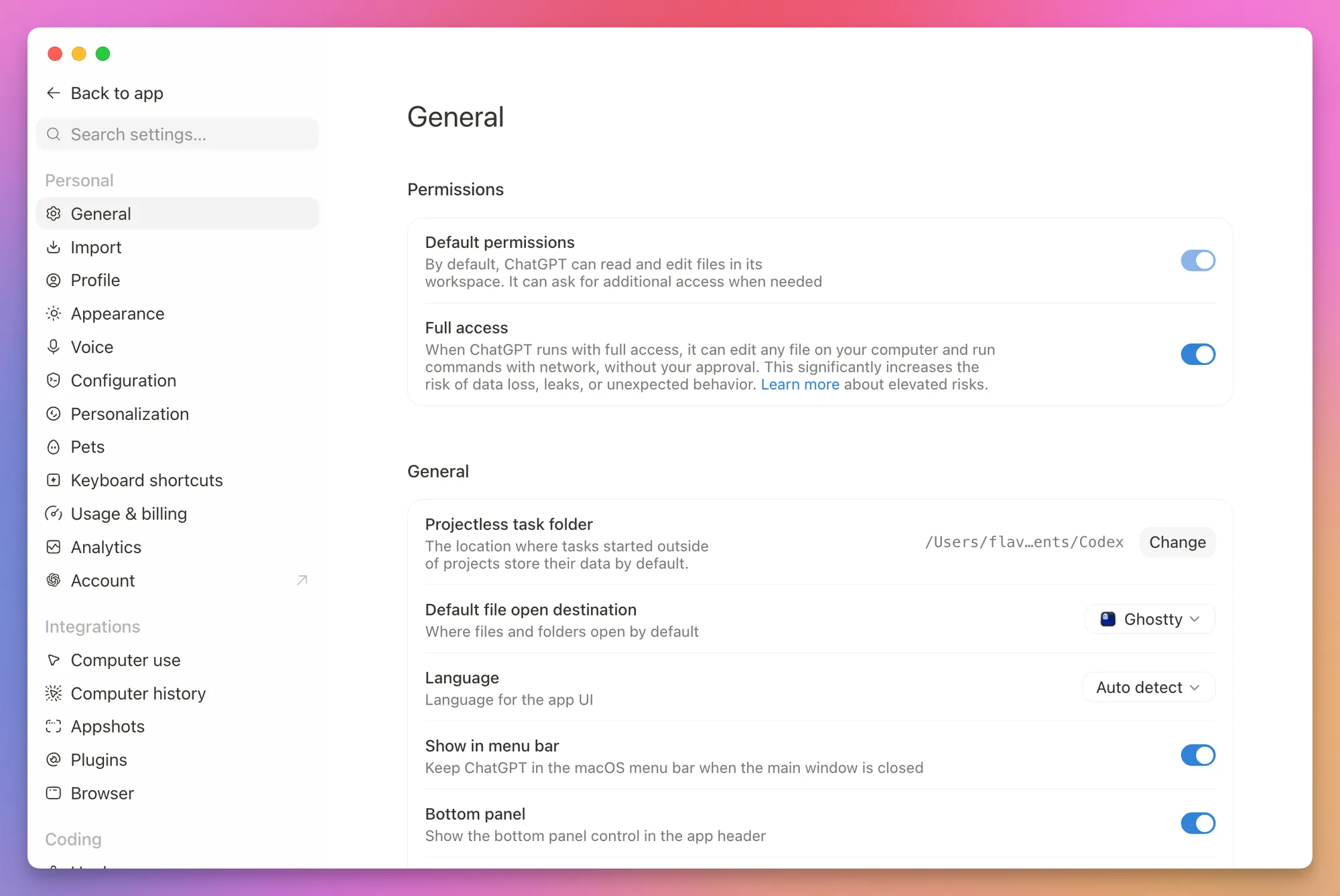 General settings and permissions in Codex
