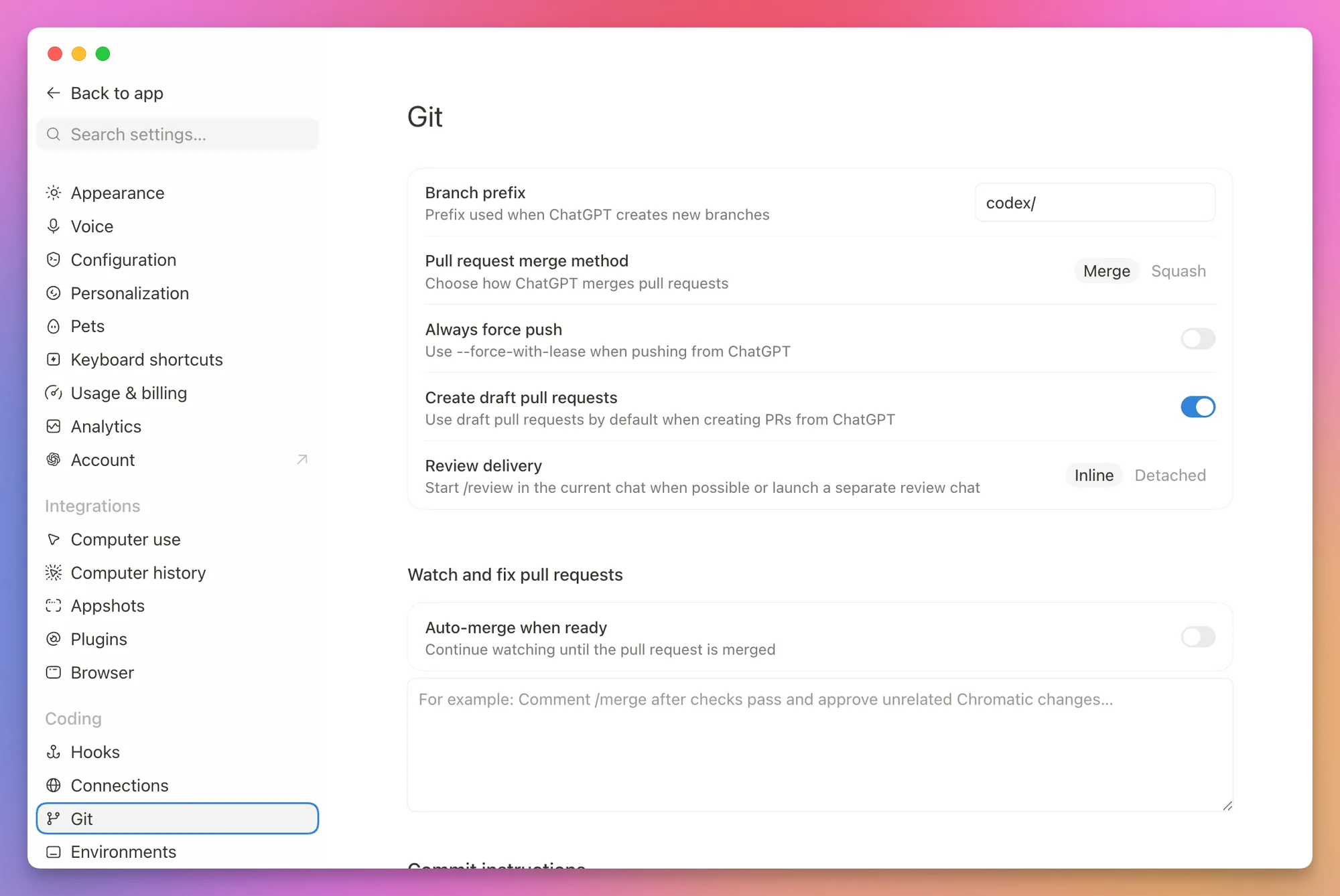 Using merge commits in Codex Git settings