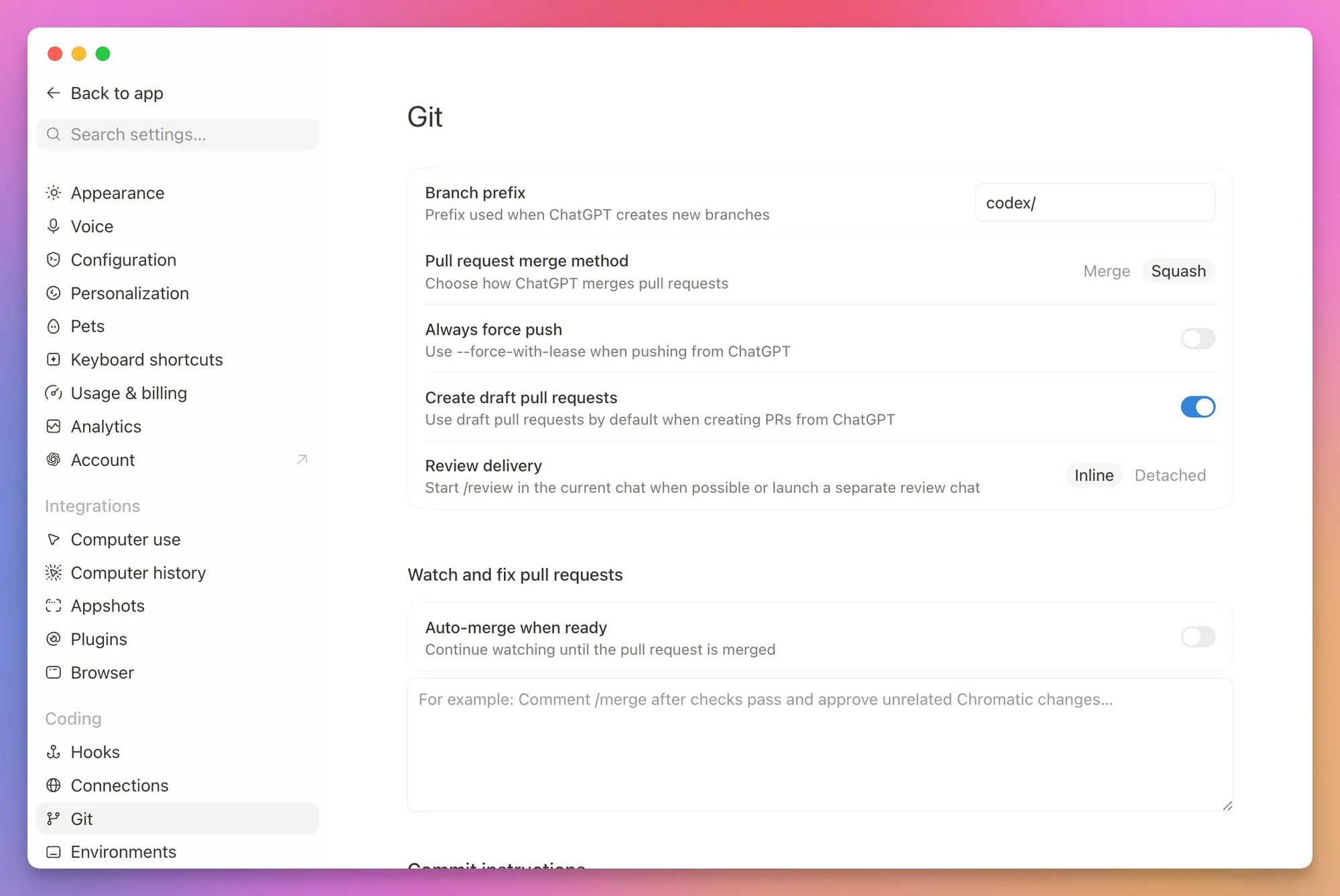 Using squash commits in Codex Git settings
