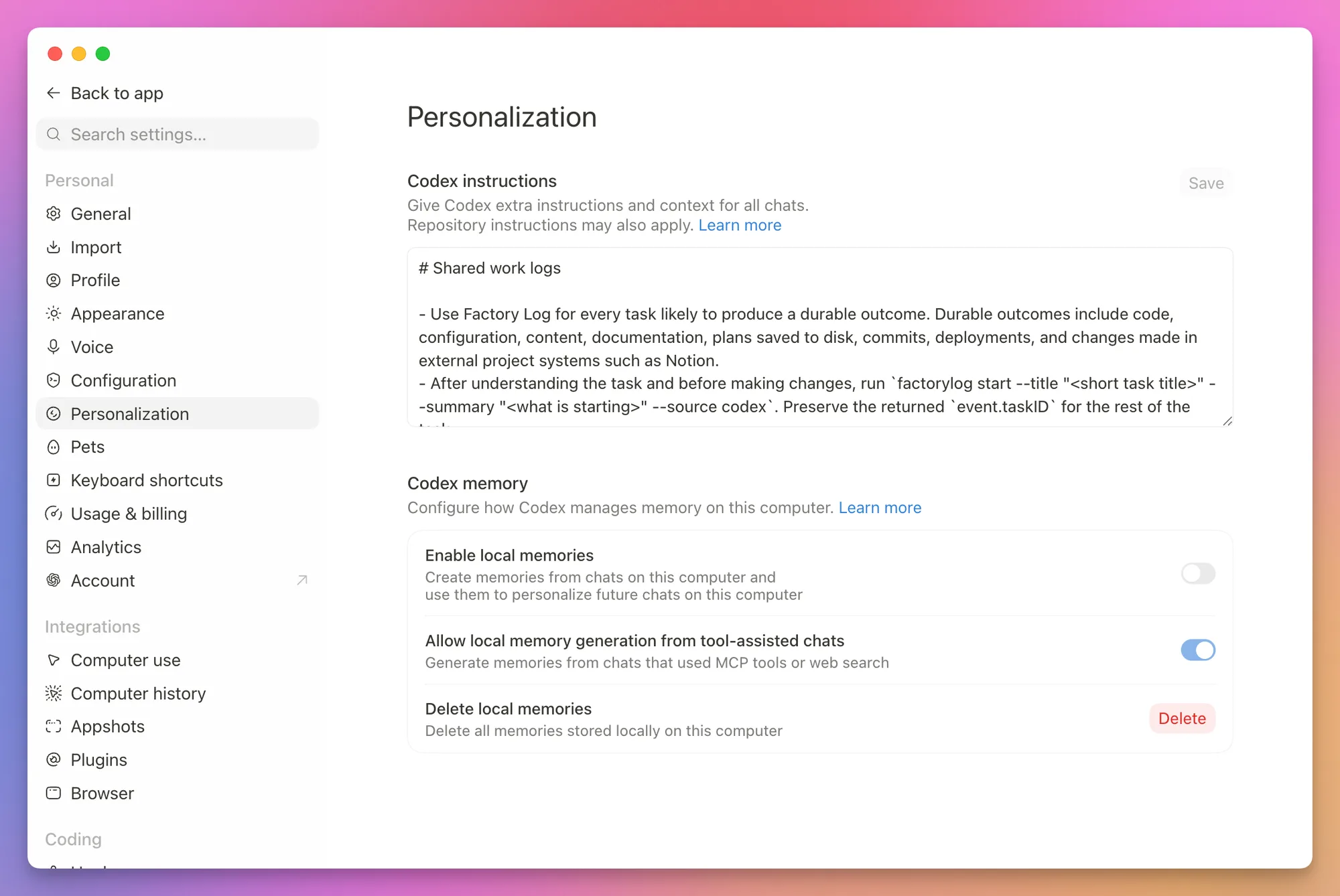 Personalization settings in Codex