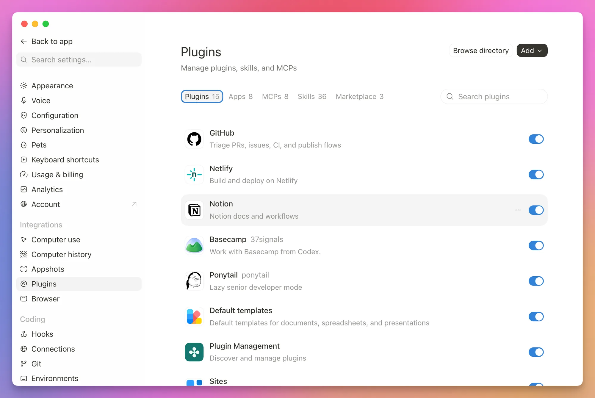 The Plugins settings page in Codex, with tabs for plugins, apps, MCPs, and skills