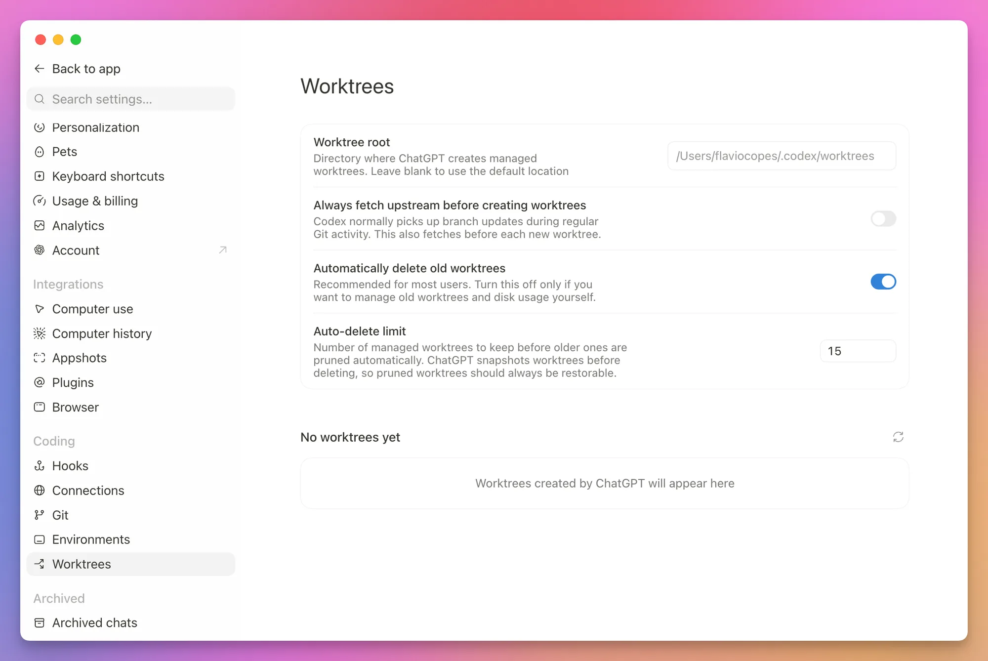 Worktree settings in Codex