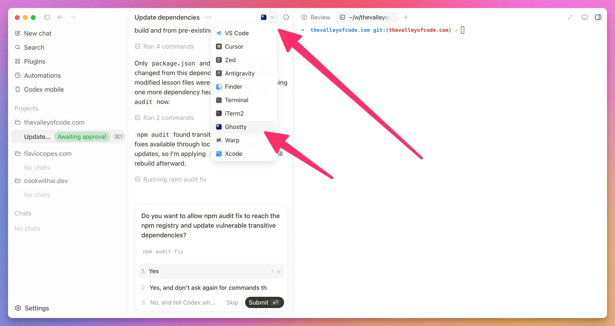 Opening the project in an external terminal or editor from Codex