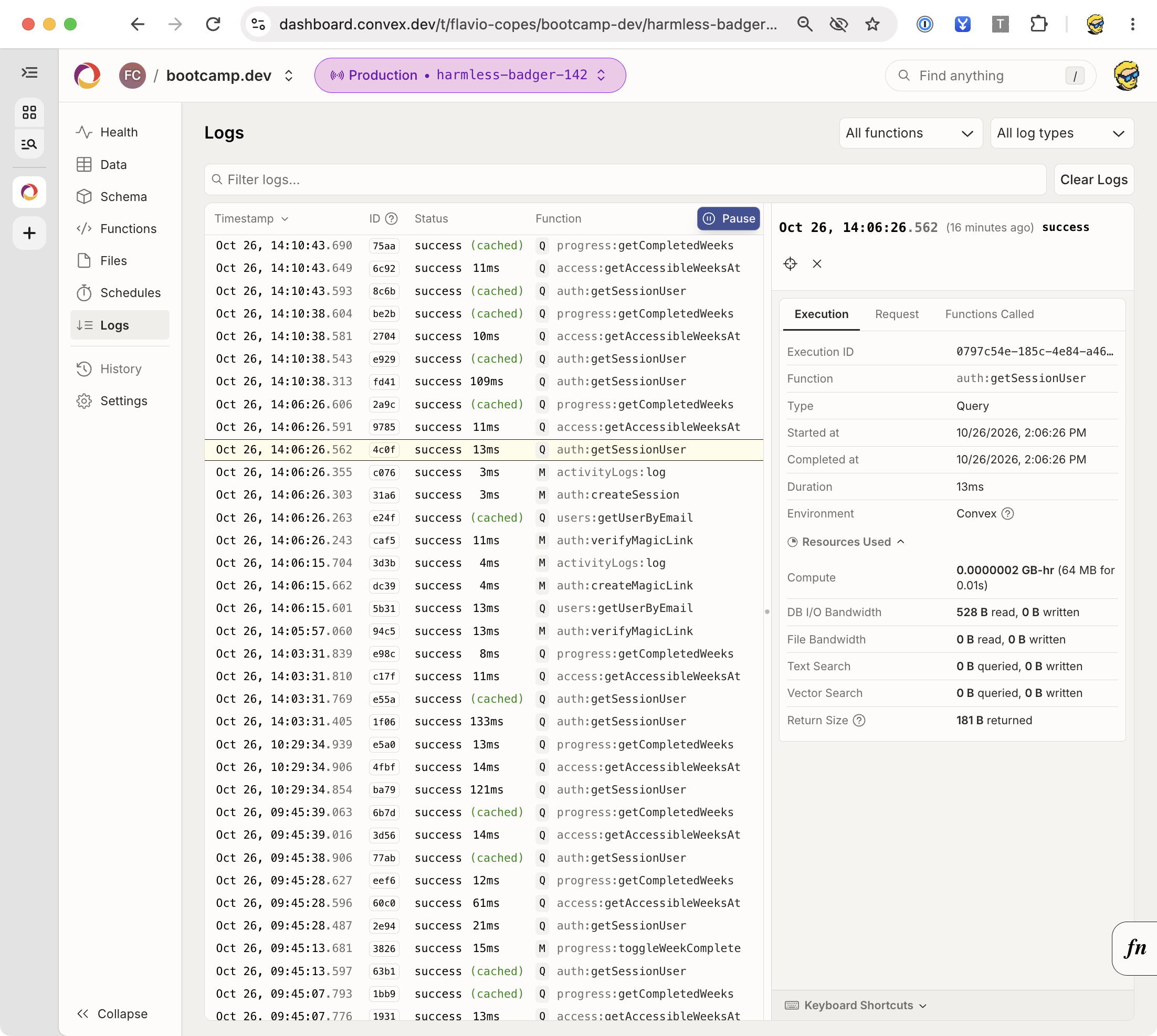 Convex execution logs for the Bootcamp platform with a query selected