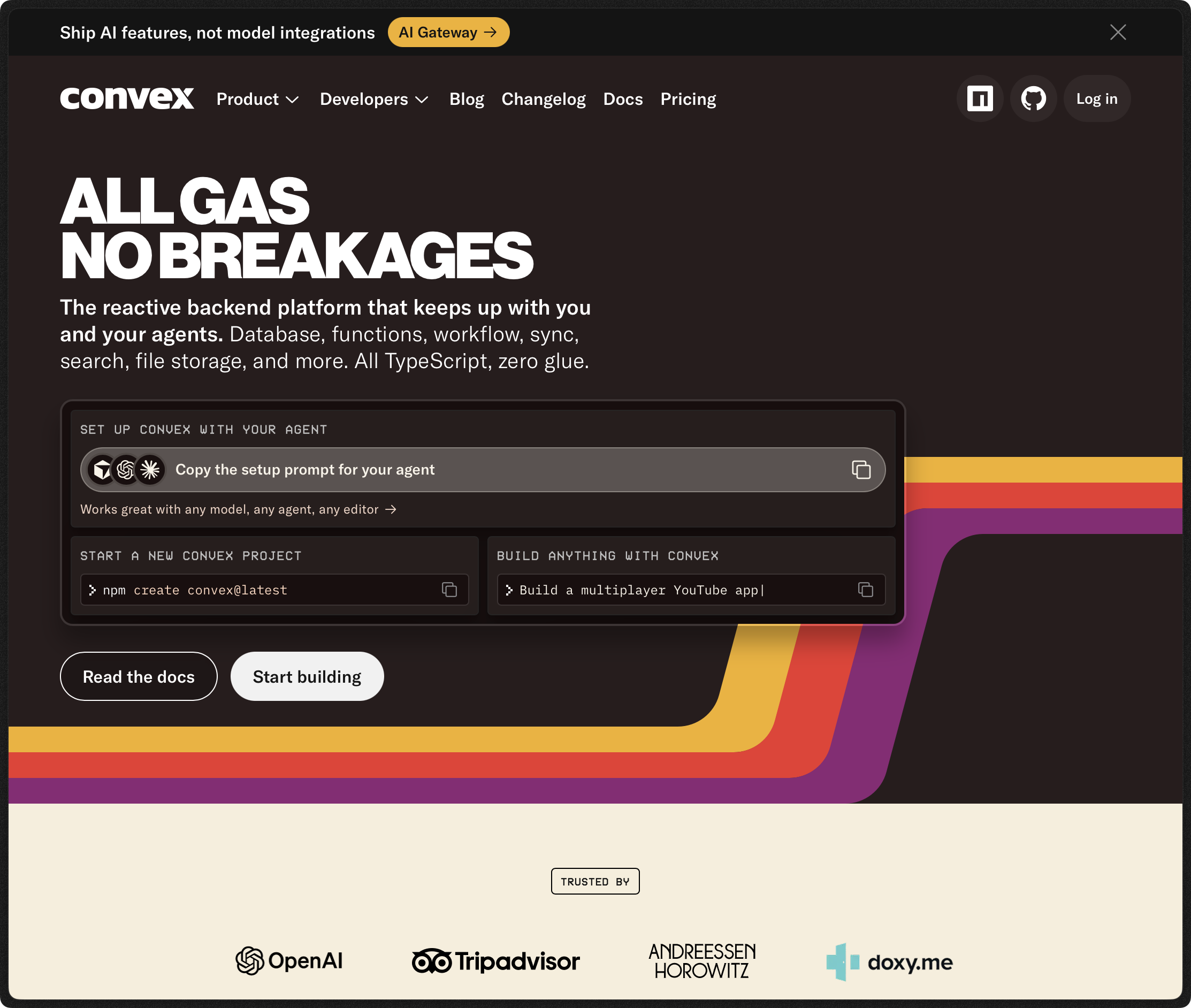 The Convex homepage introduces its database and backend platform