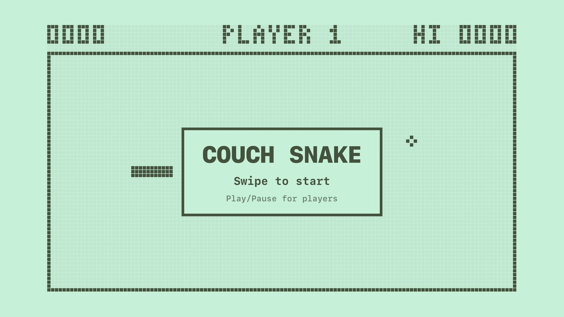 Couch Snake on the Apple TV, with the snake, the food and the start message on the LCD screen