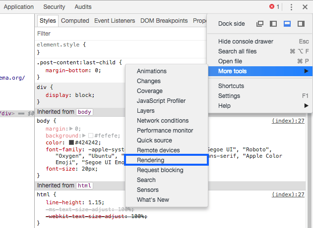 Enable Chrome DevTools Rendering