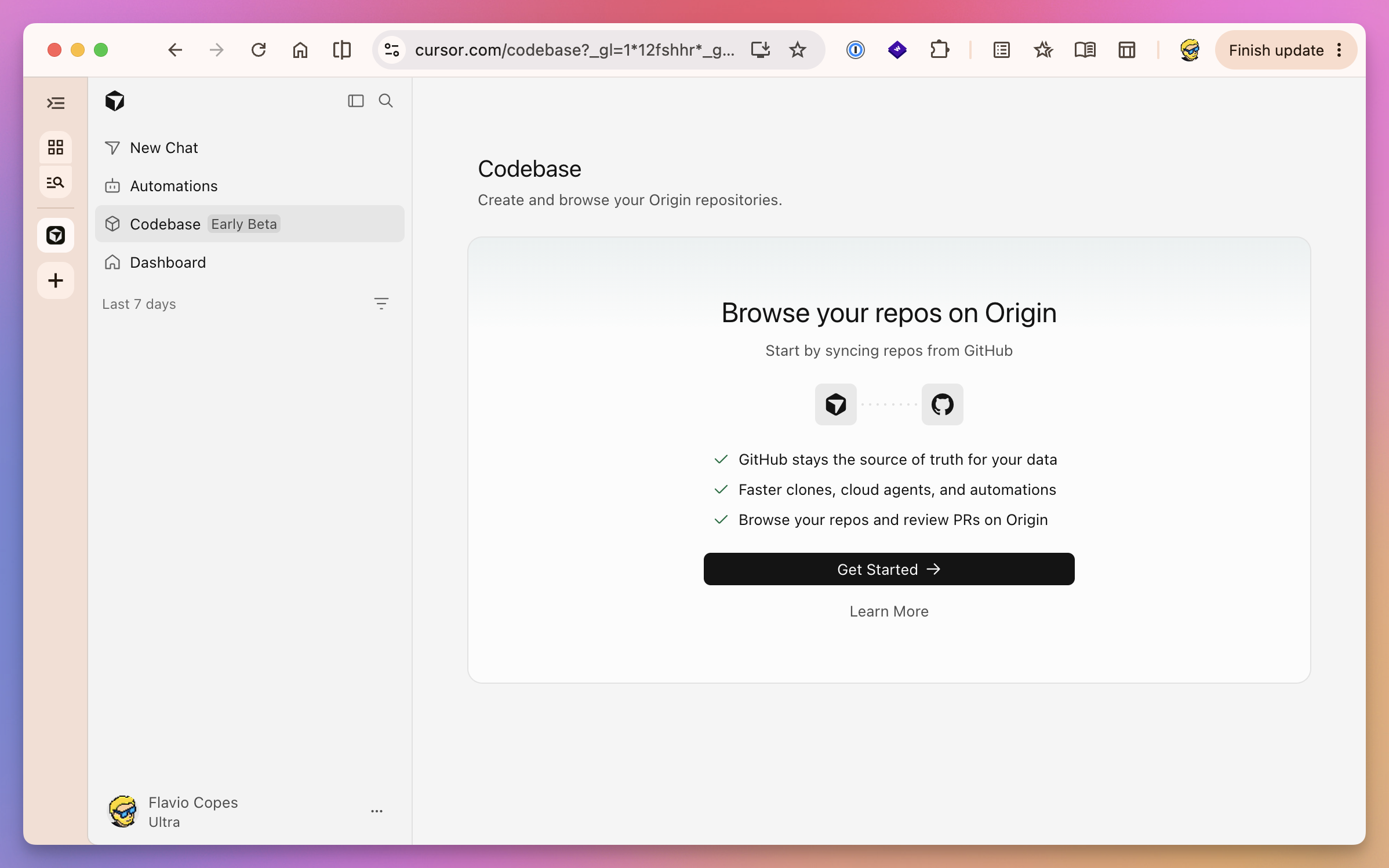 Cursor Codebase page with the Get Started button for syncing repositories from GitHub