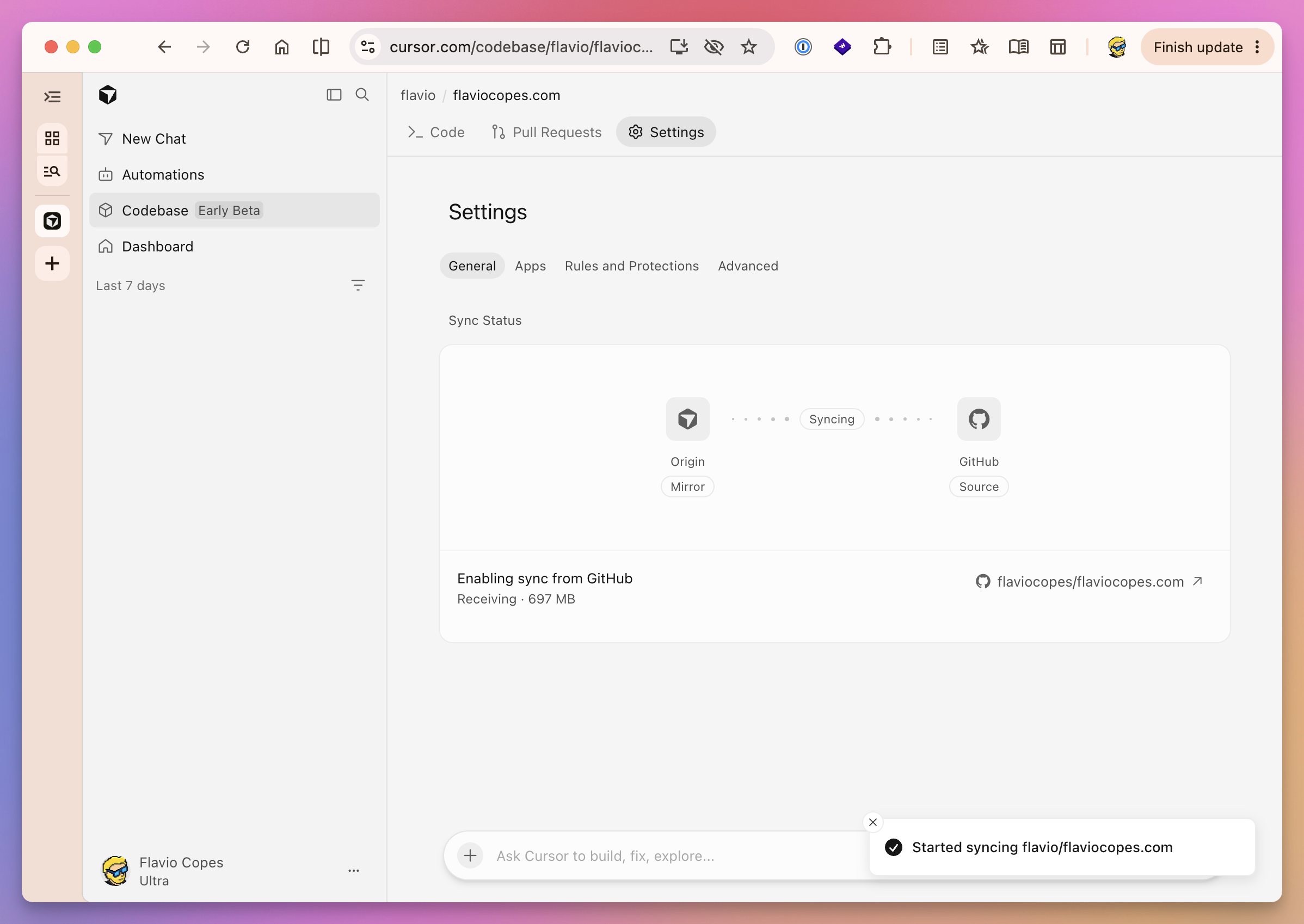 Cursor Origin settings showing the flaviocopes.com repository syncing from GitHub