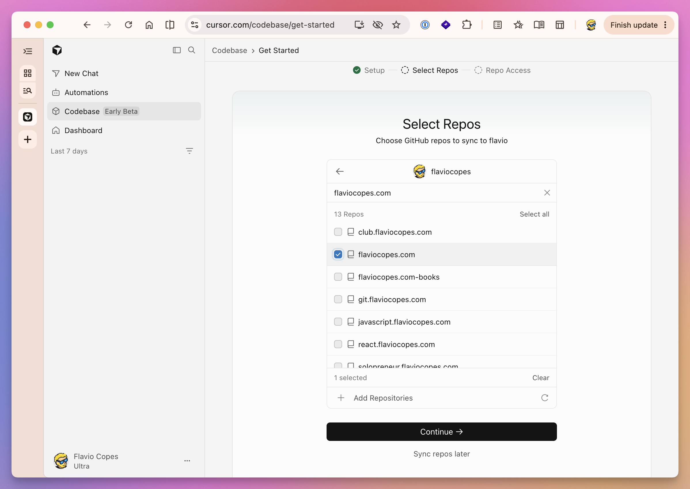 Cursor Origin setup with the flaviocopes.com GitHub repository selected