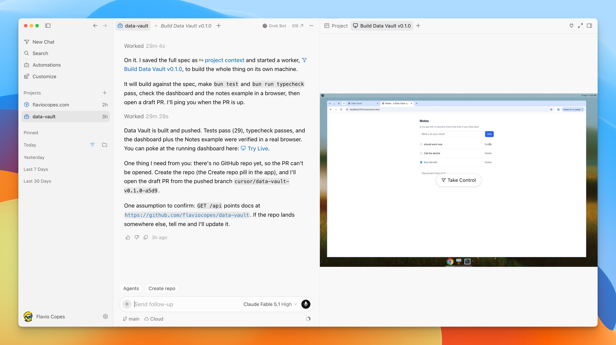The completed Data Vault task in Cursor Projects, with the Project's cloud computer showing the finished Notes app on the right